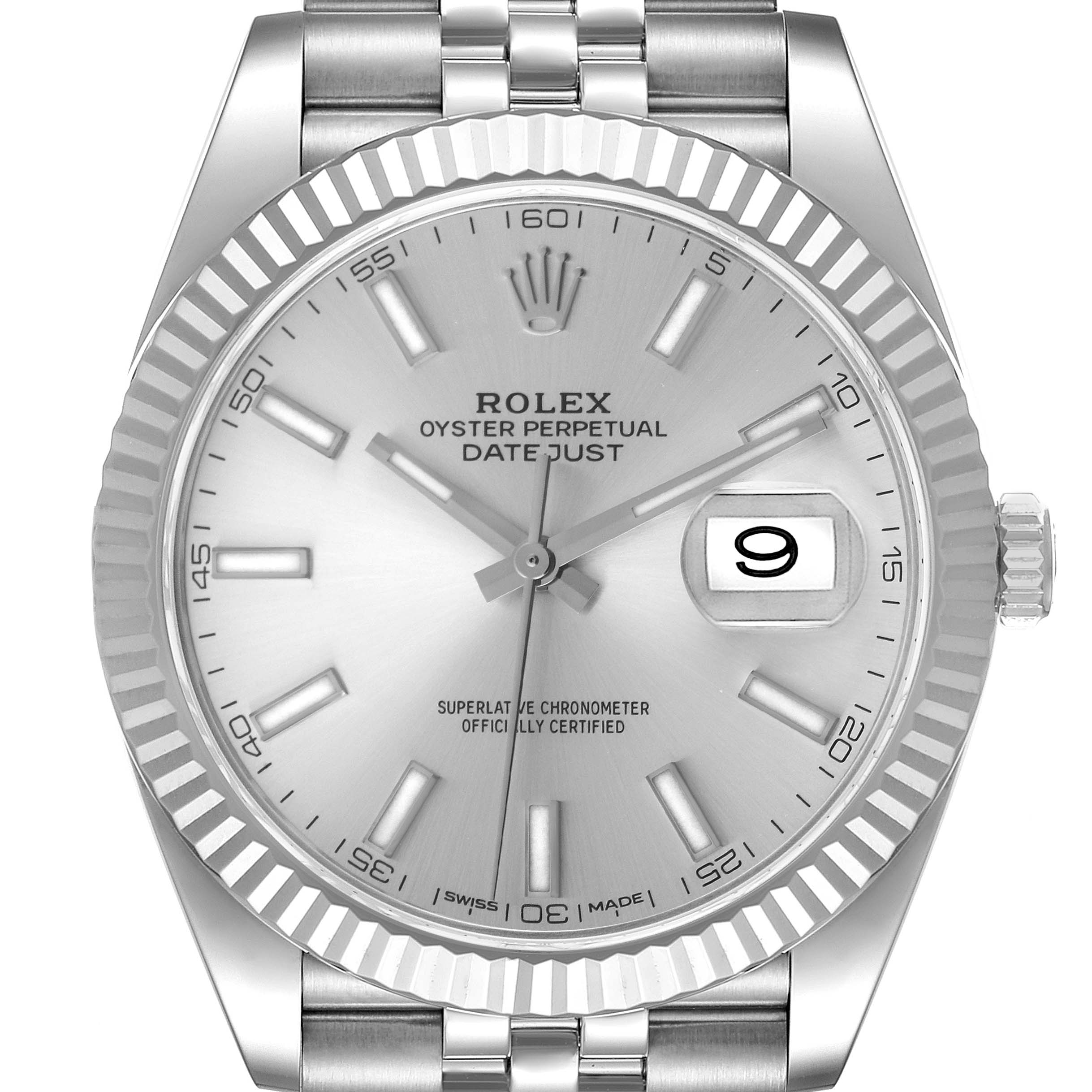 This photo shows a front view of the Rolex Datejust 41 126334 Men's Stainless Steel Silver Dial 126334 Men's Stainless Steel Silver Dial watch, highlighting its dial, fluted bezel, and bracelet.
