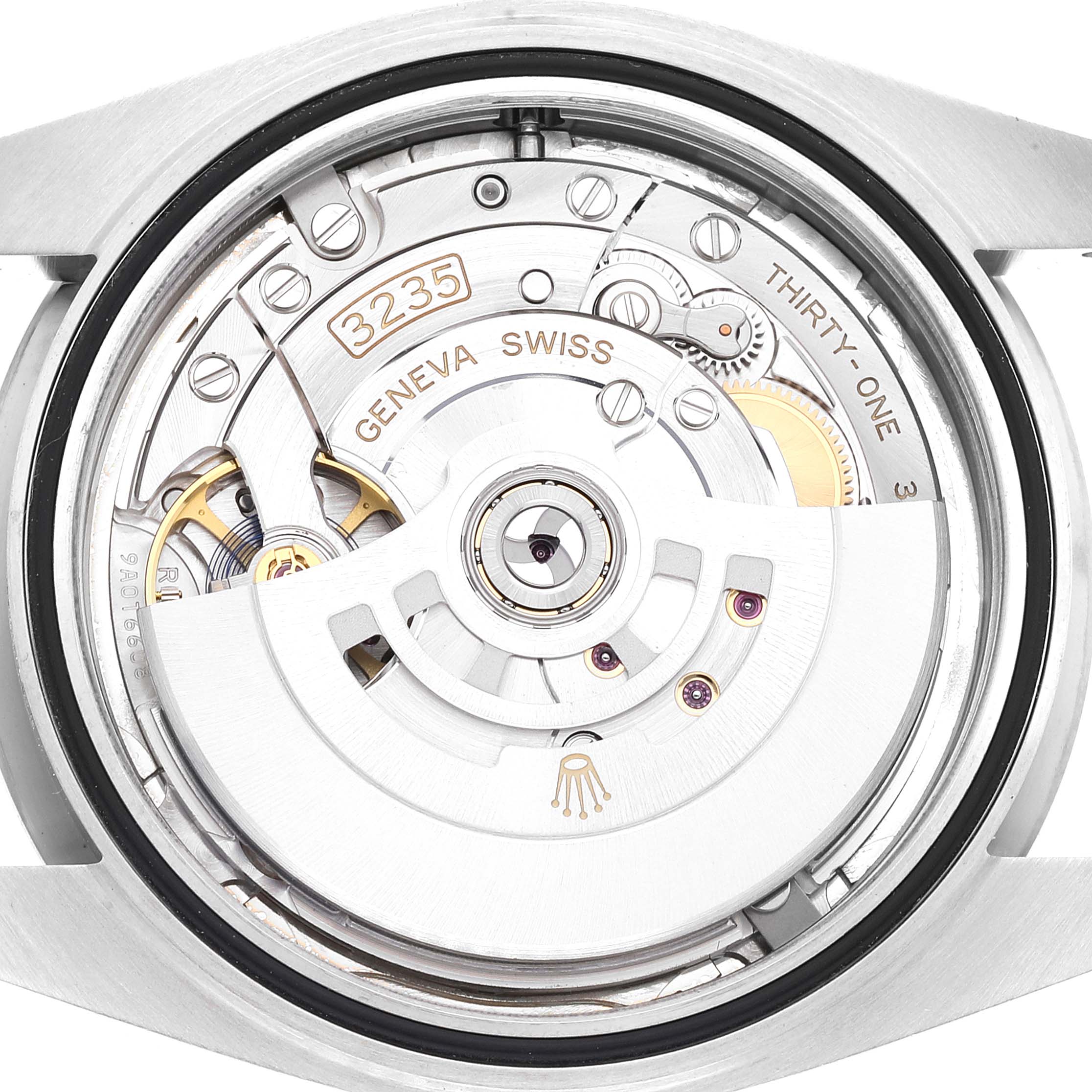 The image shows the movement and inner mechanism of the Rolex Datejust 41 126334 Men's Stainless Steel Silver Dial 126334 Men's Stainless Steel Silver Dial watch seen from the back.