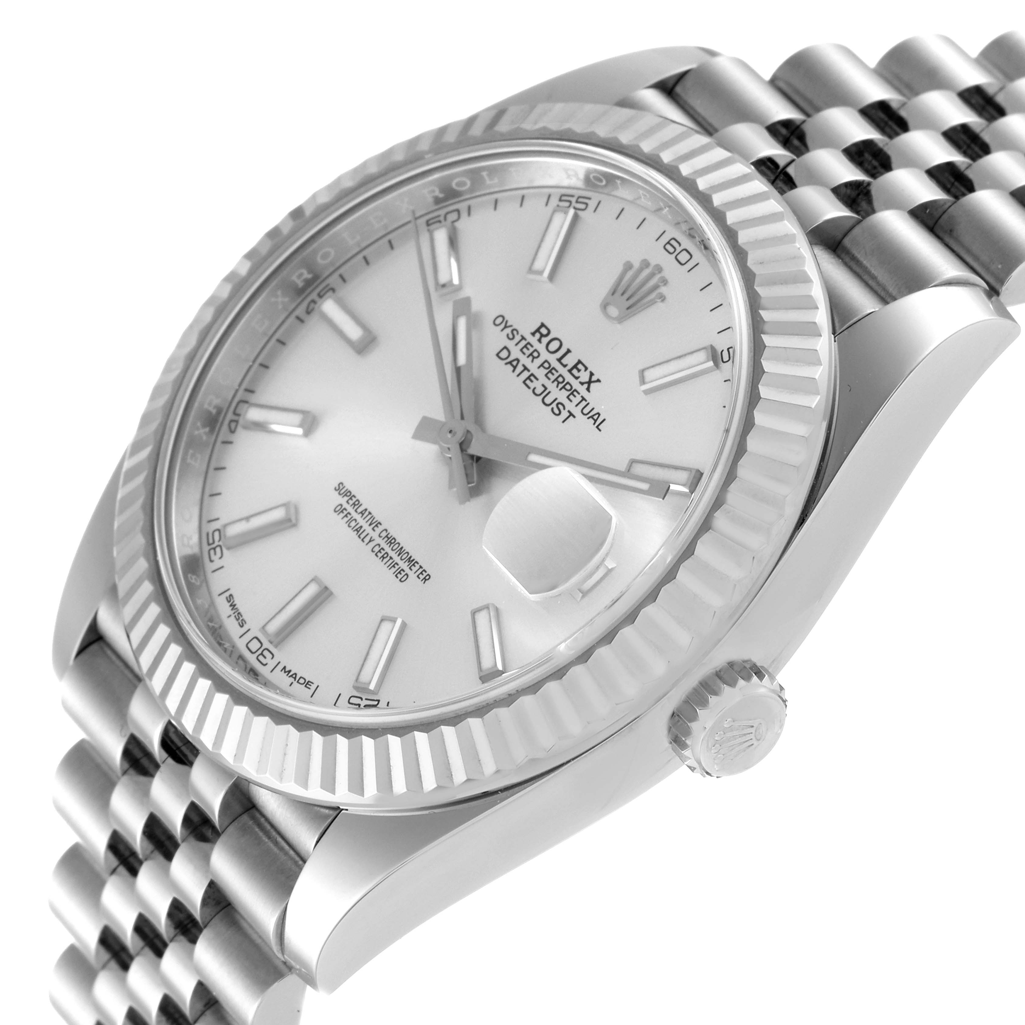 The image shows a side and slightly tilted top view of the Rolex Datejust 41 126334 Men's Stainless Steel Silver Dial 126334 Men's Stainless Steel Silver Dial watch, including the bezel, dial, and crown.