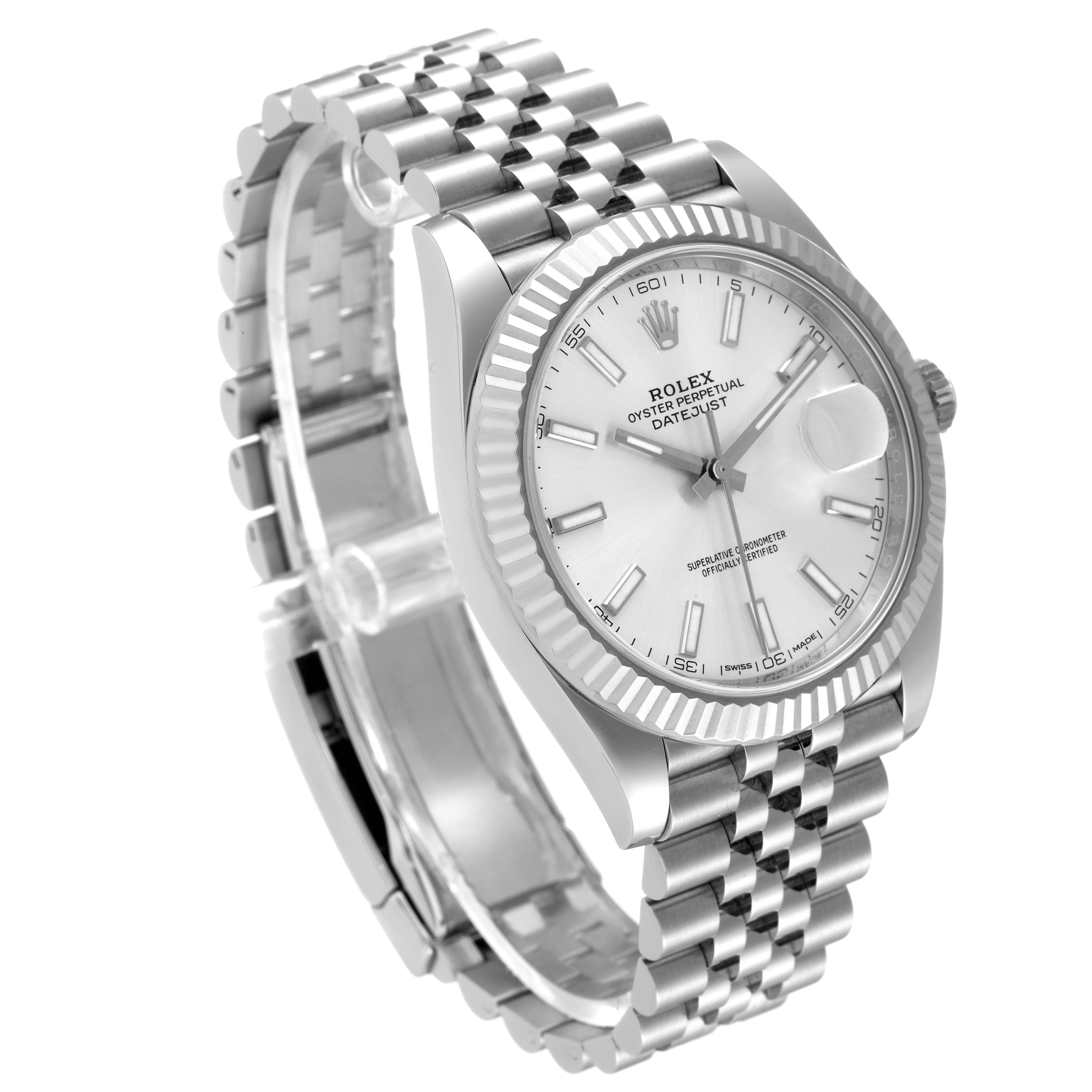 The image shows a Rolex Datejust 41 126334 Men's Stainless Steel Silver Dial 126334 Men's Stainless Steel Silver Dial watch from a front-side angle, highlighting its dial, bezel, and Jubilee bracelet.
