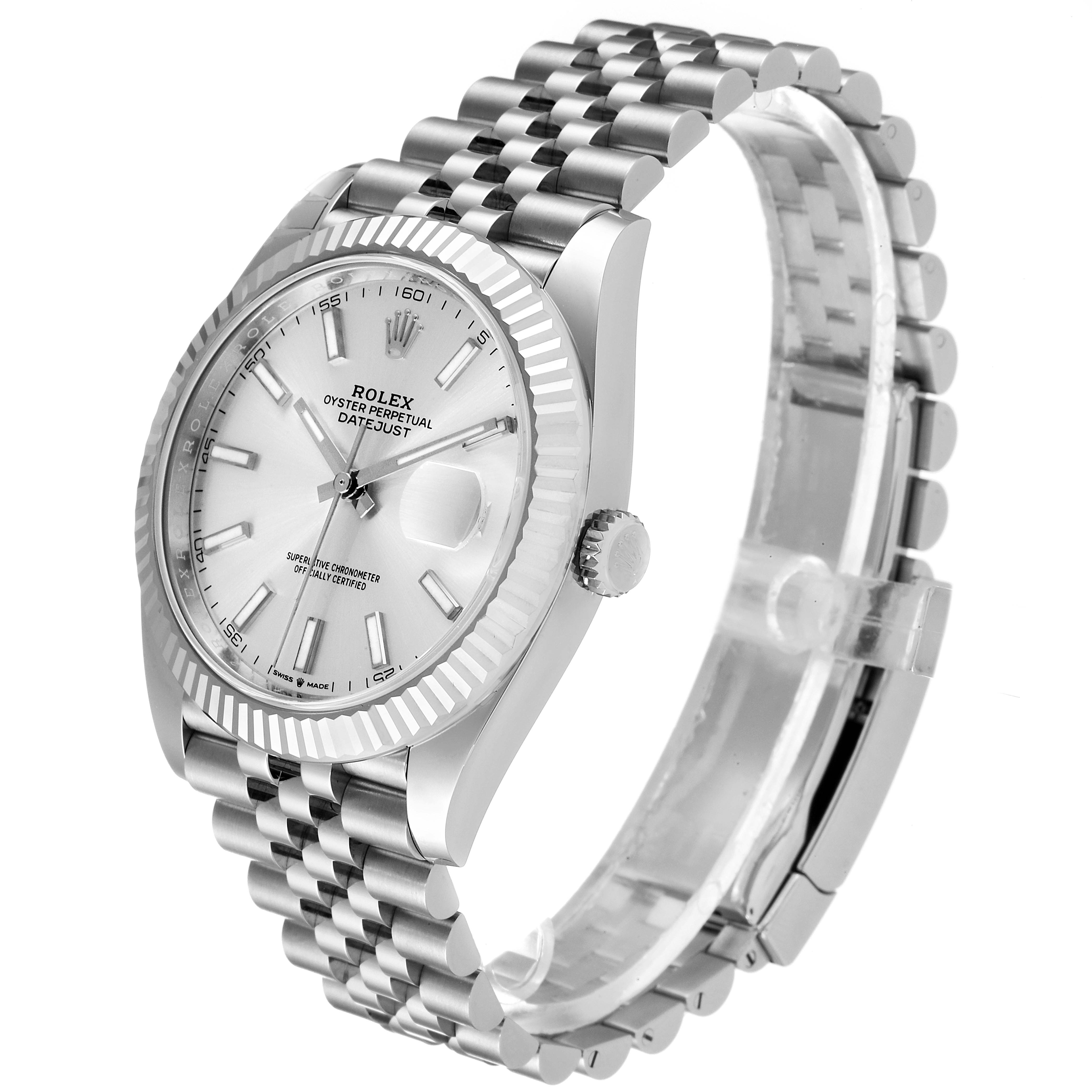 The image shows a side angle of the Rolex Datejust 41 126334 Men
s Stainless Steel Silver Dial 126334 Men
s Stainless Steel Silver Dial watch, featuring its dial, bracelet, and crown.