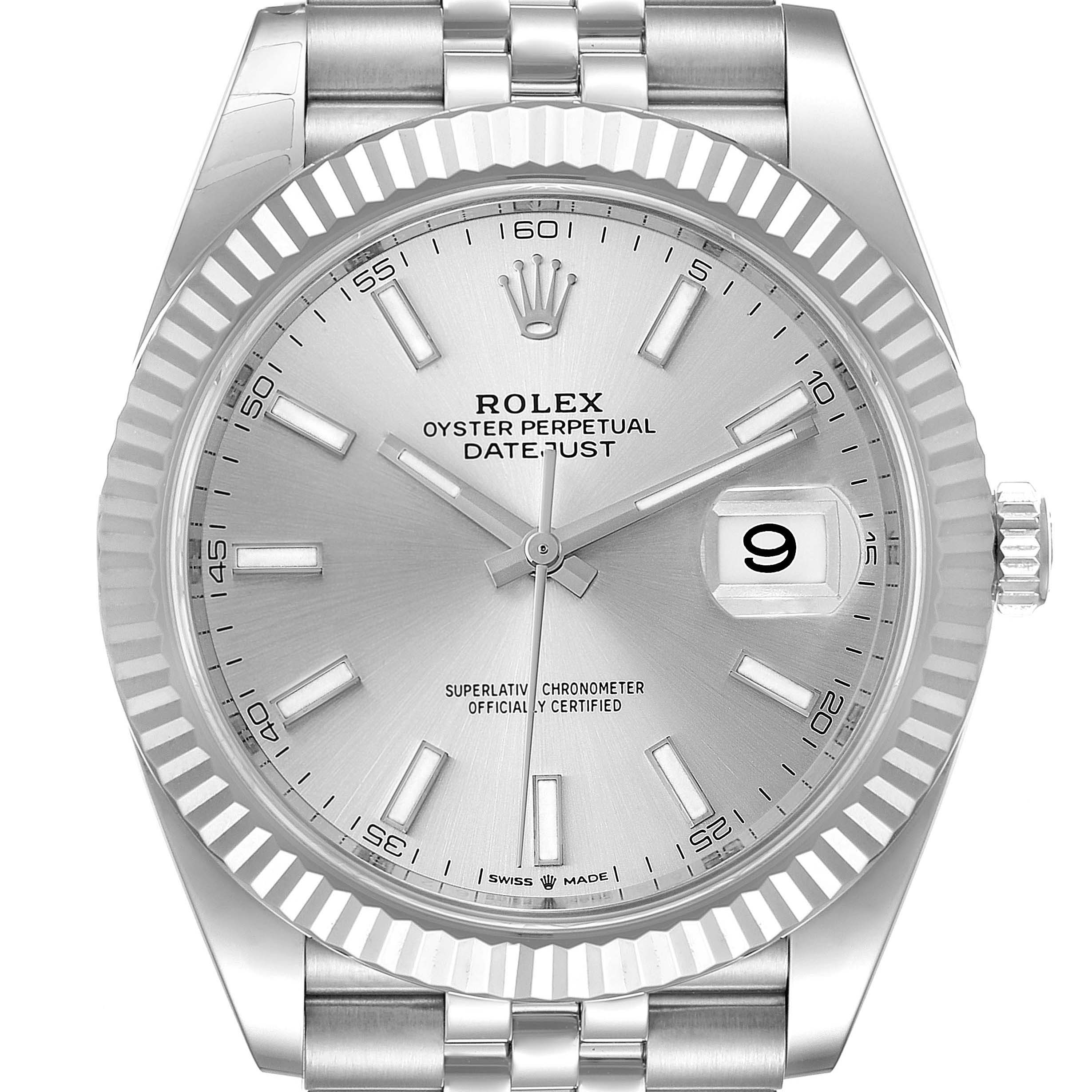 This image shows a front view of the Rolex Datejust 41 126334 Men
s Stainless Steel Silver Dial 126334 Men
s Stainless Steel Silver Dial watch with its face, dial, date window, bezel, and part of the bracelet.