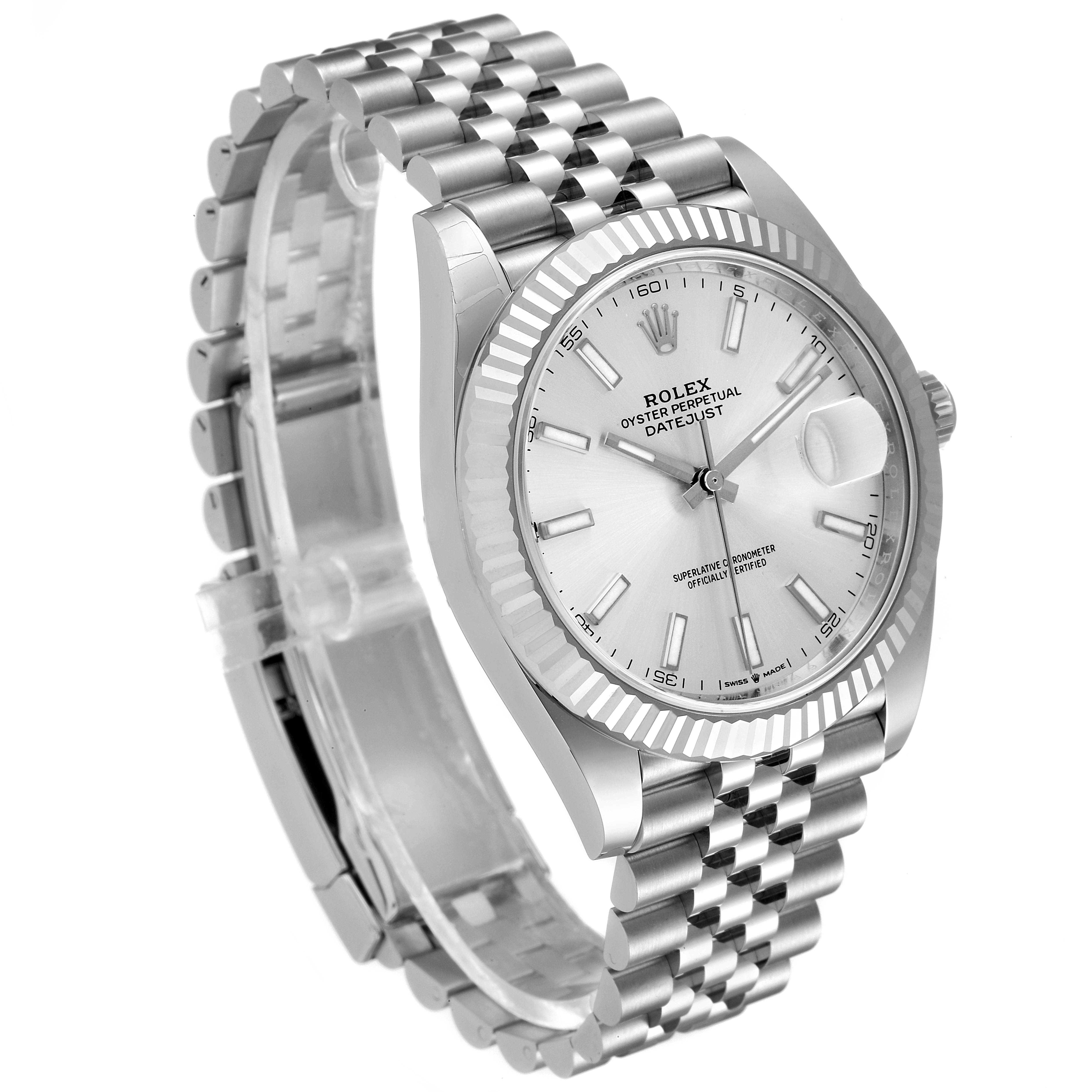 This image shows the Rolex Datejust 41 126334 Men
s Stainless Steel Silver Dial 126334 Men
s Stainless Steel Silver Dial watch from a three-quarter angle, highlighting the dial, bezel, bracelet, and cyclops lens.