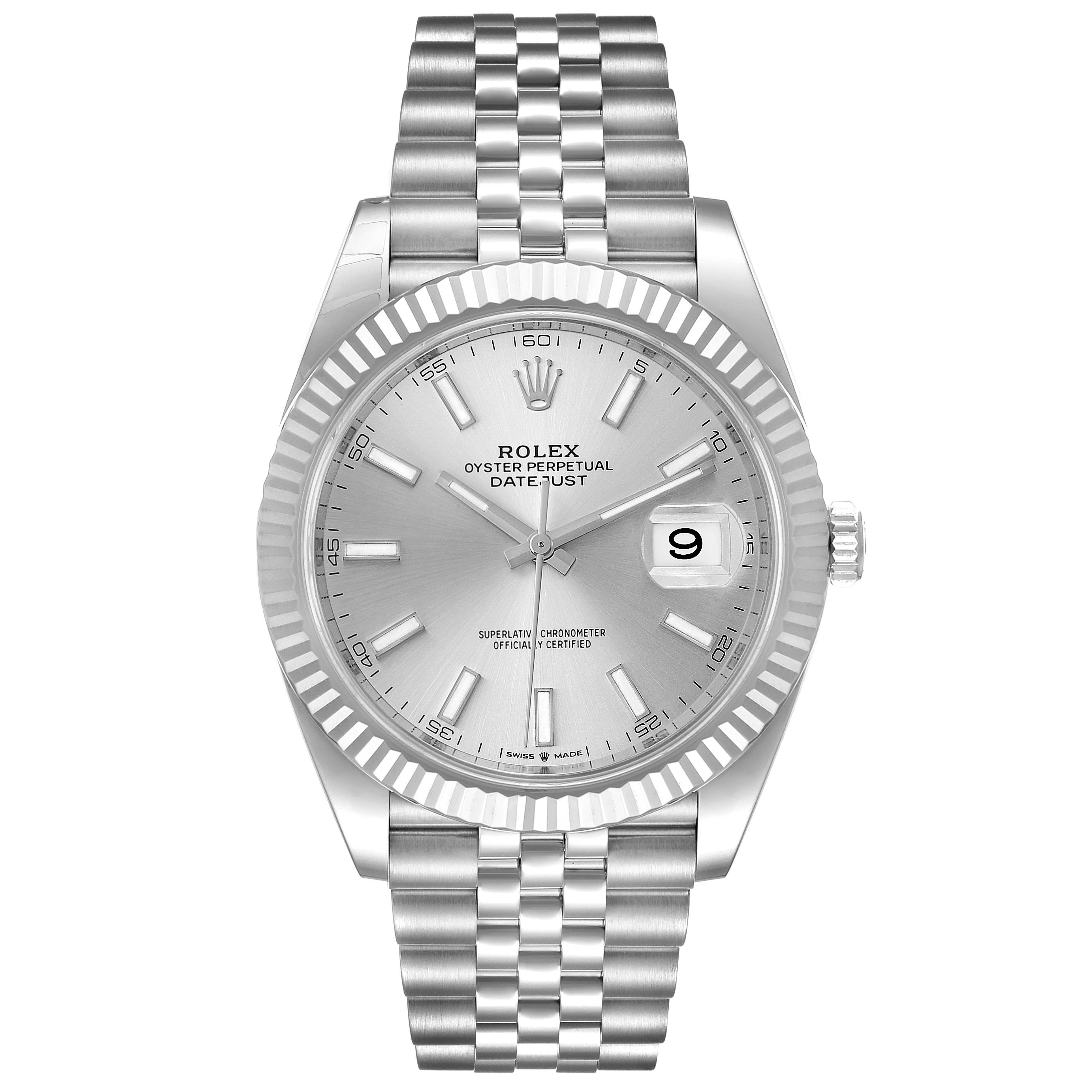 The Rolex Datejust 41 126334 Men
s Stainless Steel Silver Dial 126334 Men
s Stainless Steel Silver Dial is shown from a front angle, displaying the dial, bezel, crown, and bracelet.