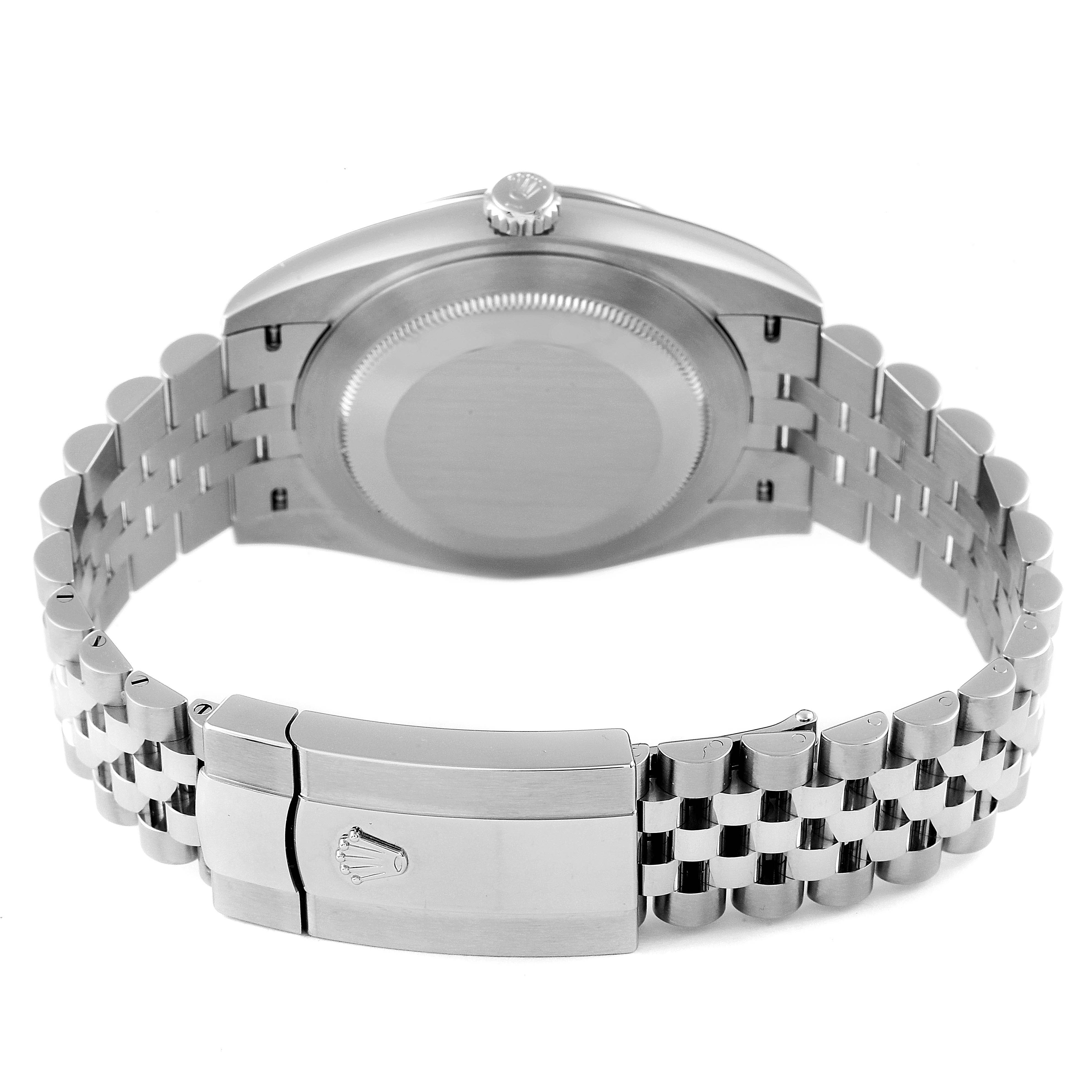 The image shows the back view of the Rolex Datejust 41 126334 Men
s Stainless Steel Silver Dial 126334 Men
s Stainless Steel Silver Dial model, highlighting its case back and bracelet with the Rolex logo on the clasp.