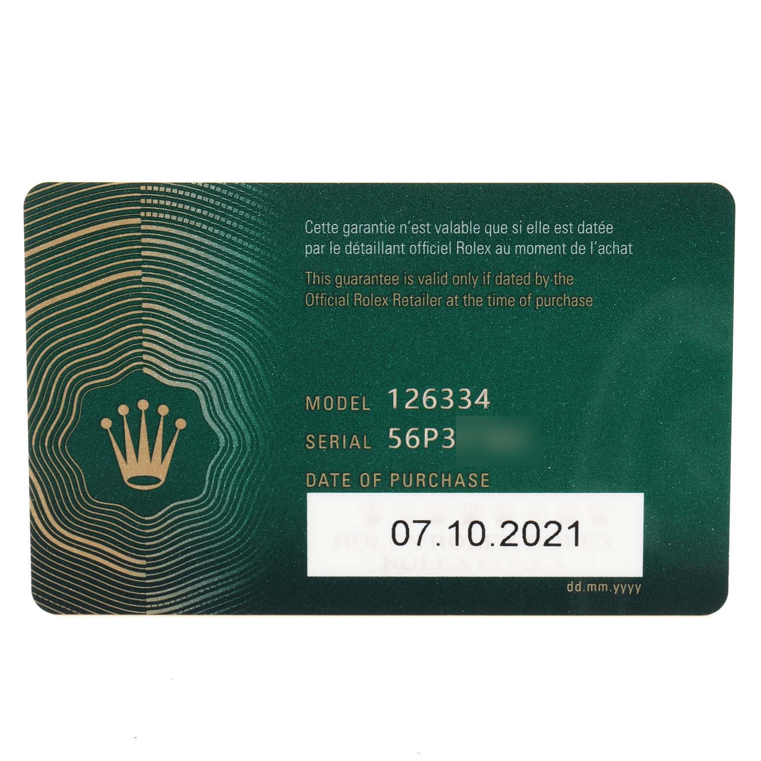 This image shows the warranty card for a Rolex Datejust 41 126334 Men
s Stainless Steel Silver Dial 126334 Men
s Stainless Steel Silver Dial model, including the model number 126334 and purchase date.
