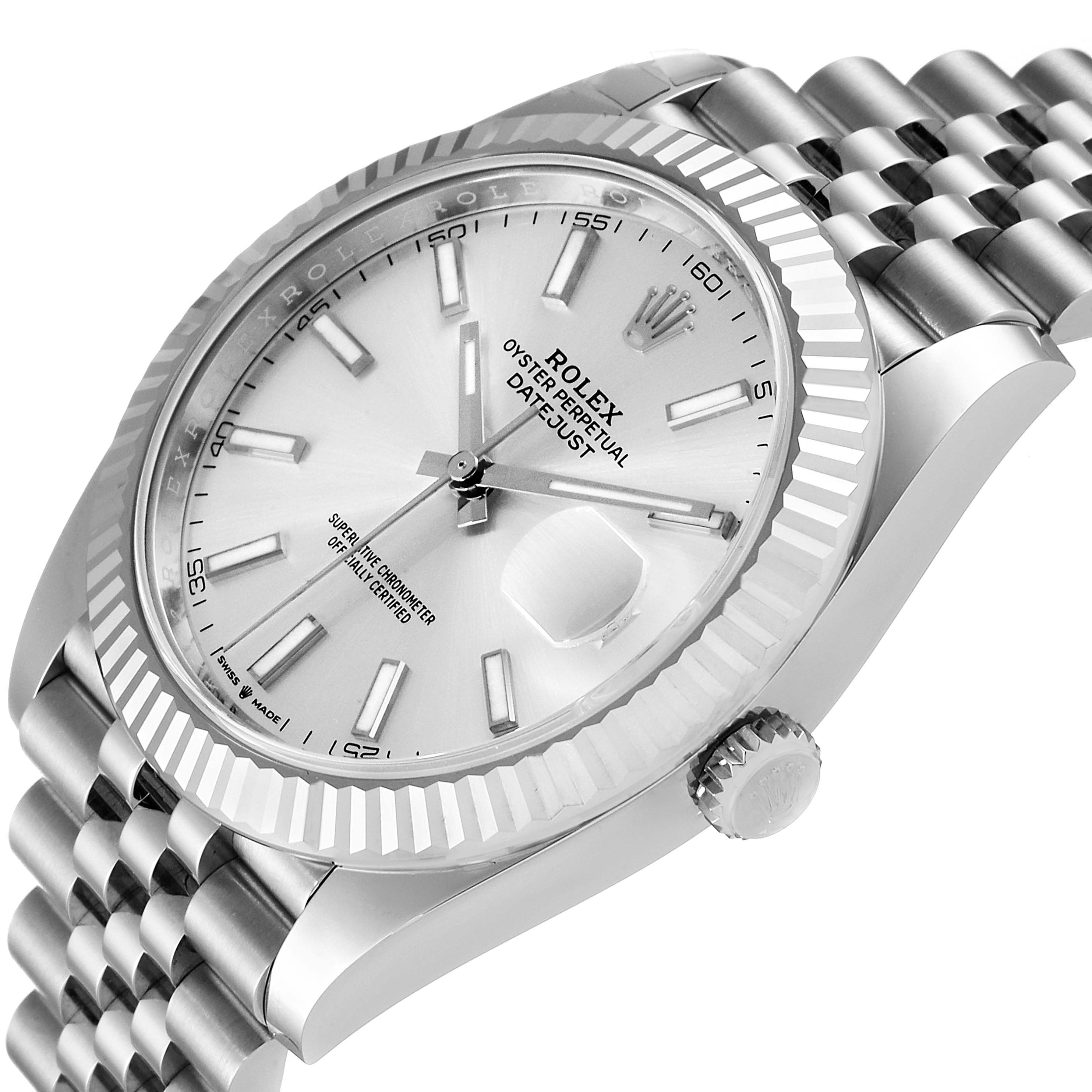 The image shows a top-side angle of the Rolex Datejust 41 126334 Men
s Stainless Steel Silver Dial 126334 Men
s Stainless Steel Silver Dial, highlighting the dial, bezel, and part of the bracelet.