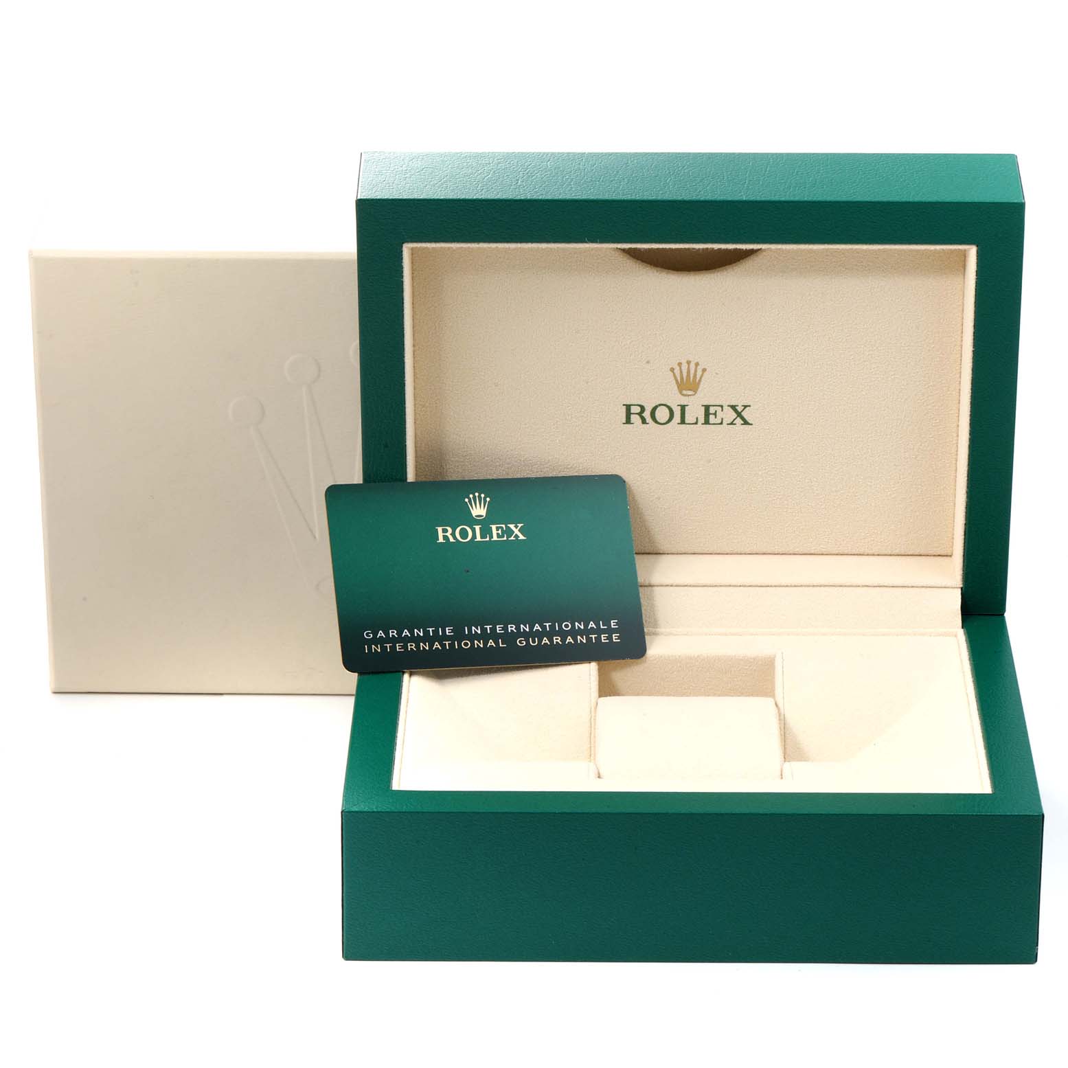 The image shows an open Rolex Datejust 41 126334 Men
s Stainless Steel White Dial 126334 Men
s Stainless Steel White Dial watch box and an international guarantee card placed inside.