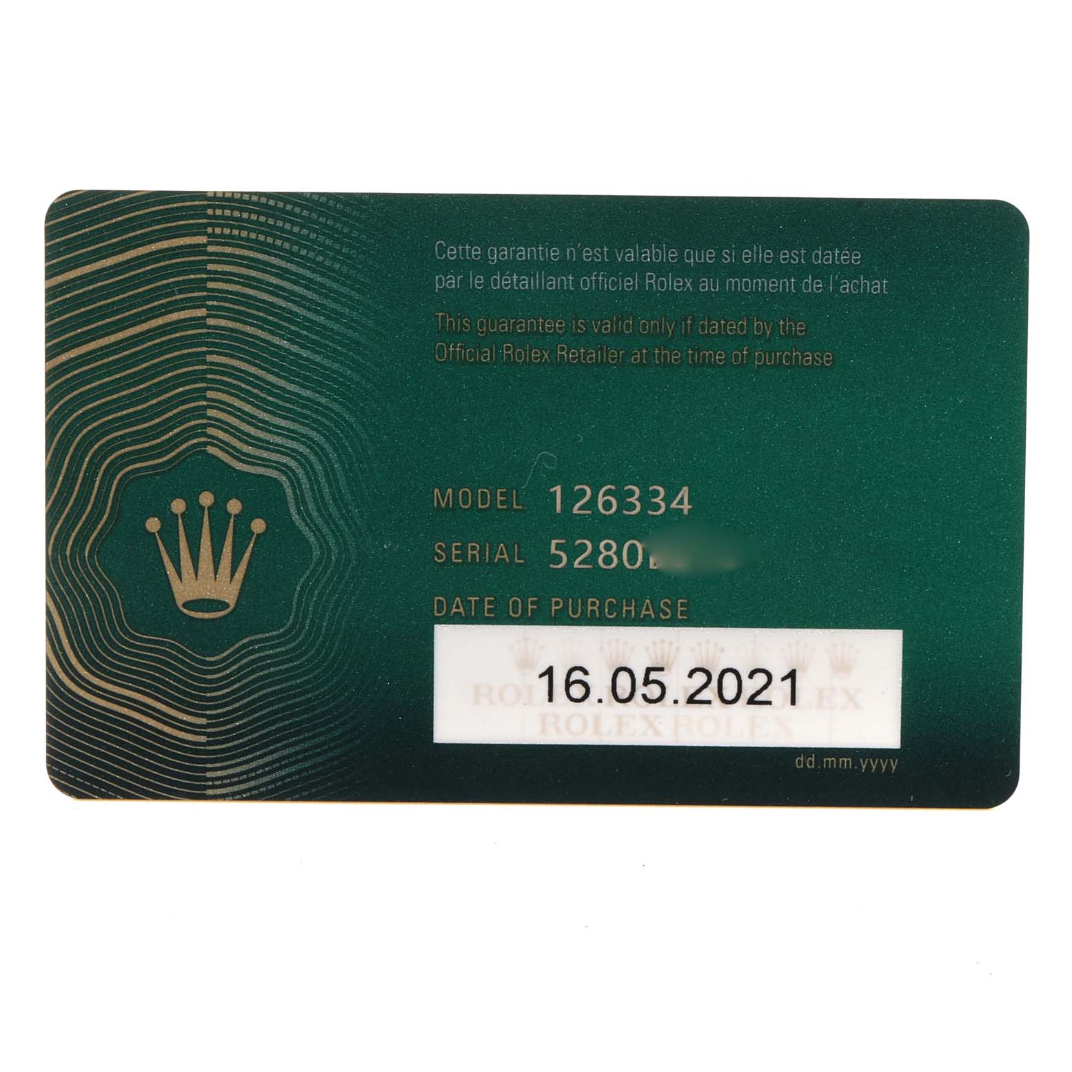 This is an image of the warranty card for a Rolex Datejust 41 126334 Men
s Stainless Steel White Dial 126334 Men
s Stainless Steel White Dial model, showing the model and serial number, and the date of purchase.