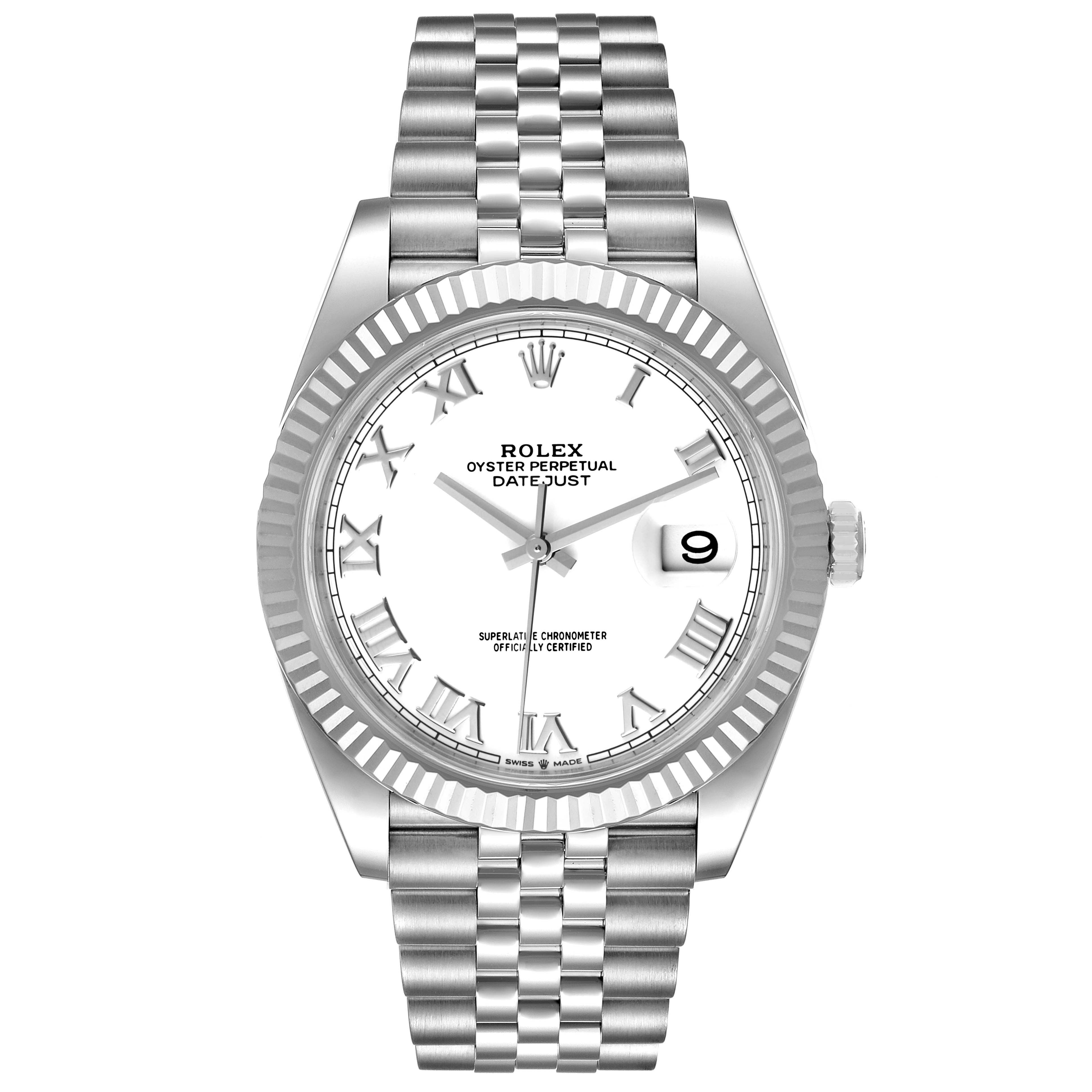 The image shows a front view of the Rolex Datejust 41 126334 Men
s Stainless Steel White Dial 126334 Men
s Stainless Steel White Dial watch, highlighting its dial, bezel, and bracelet.