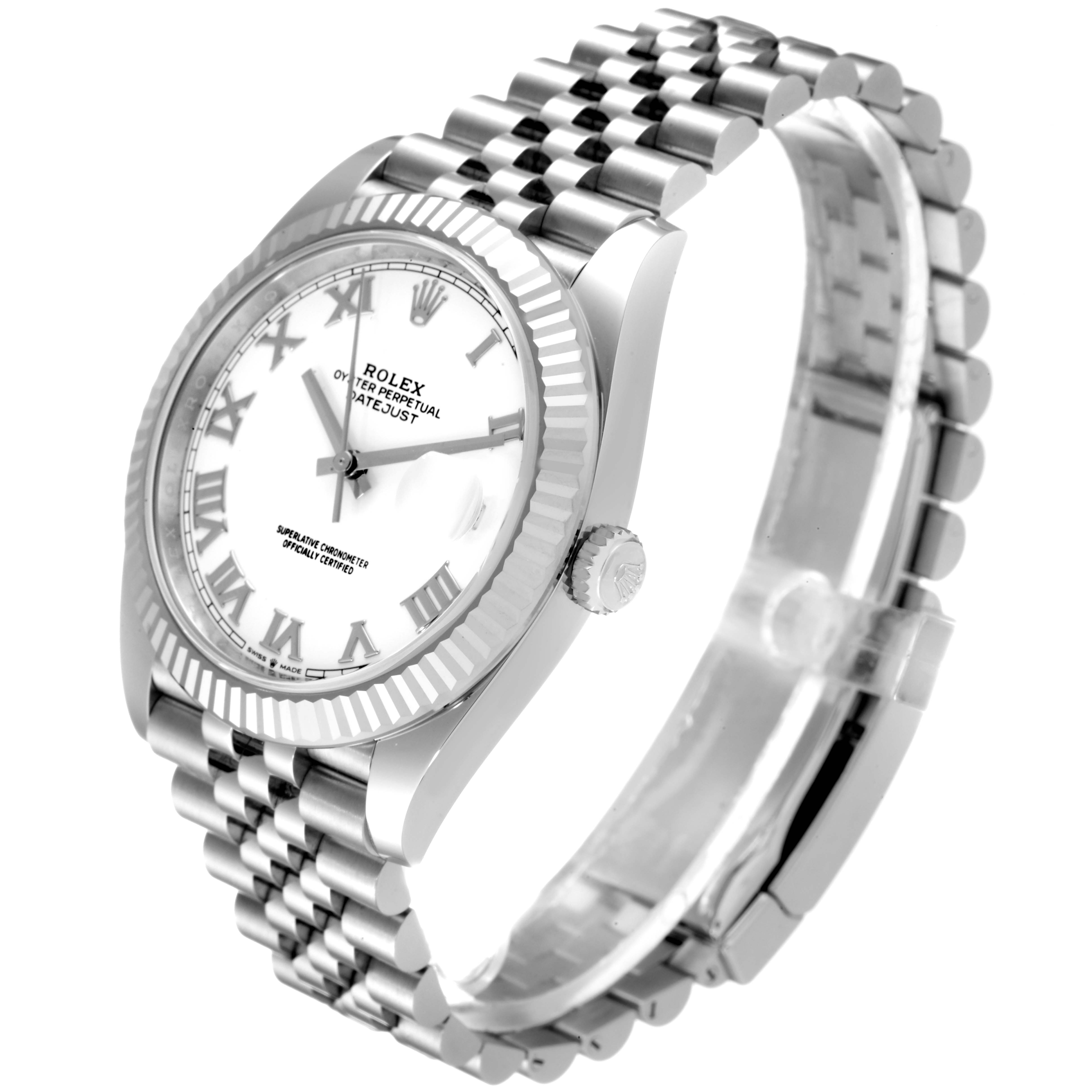 The Rolex Datejust 41 126334 Men
s Stainless Steel White Dial 126334 Men
s Stainless Steel White Dial watch is shown from a slightly tilted side angle, displaying its face, bezel, crown, and bracelet.