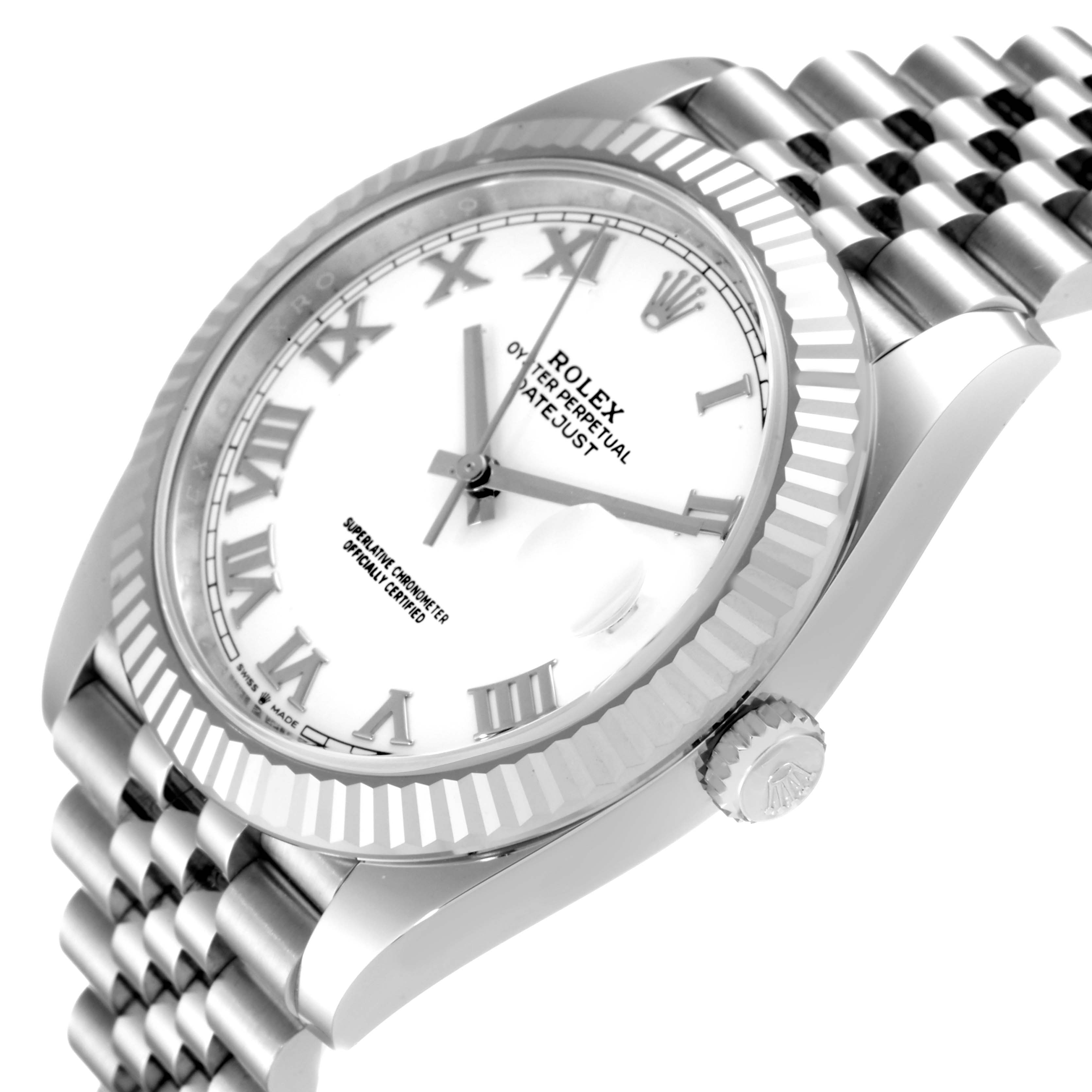 This image shows a Rolex Datejust 41 126334 Men
s Stainless Steel White Dial 126334 Men
s Stainless Steel White Dial watch from an angled side view, highlighting the dial, bezel, and bracelet.
