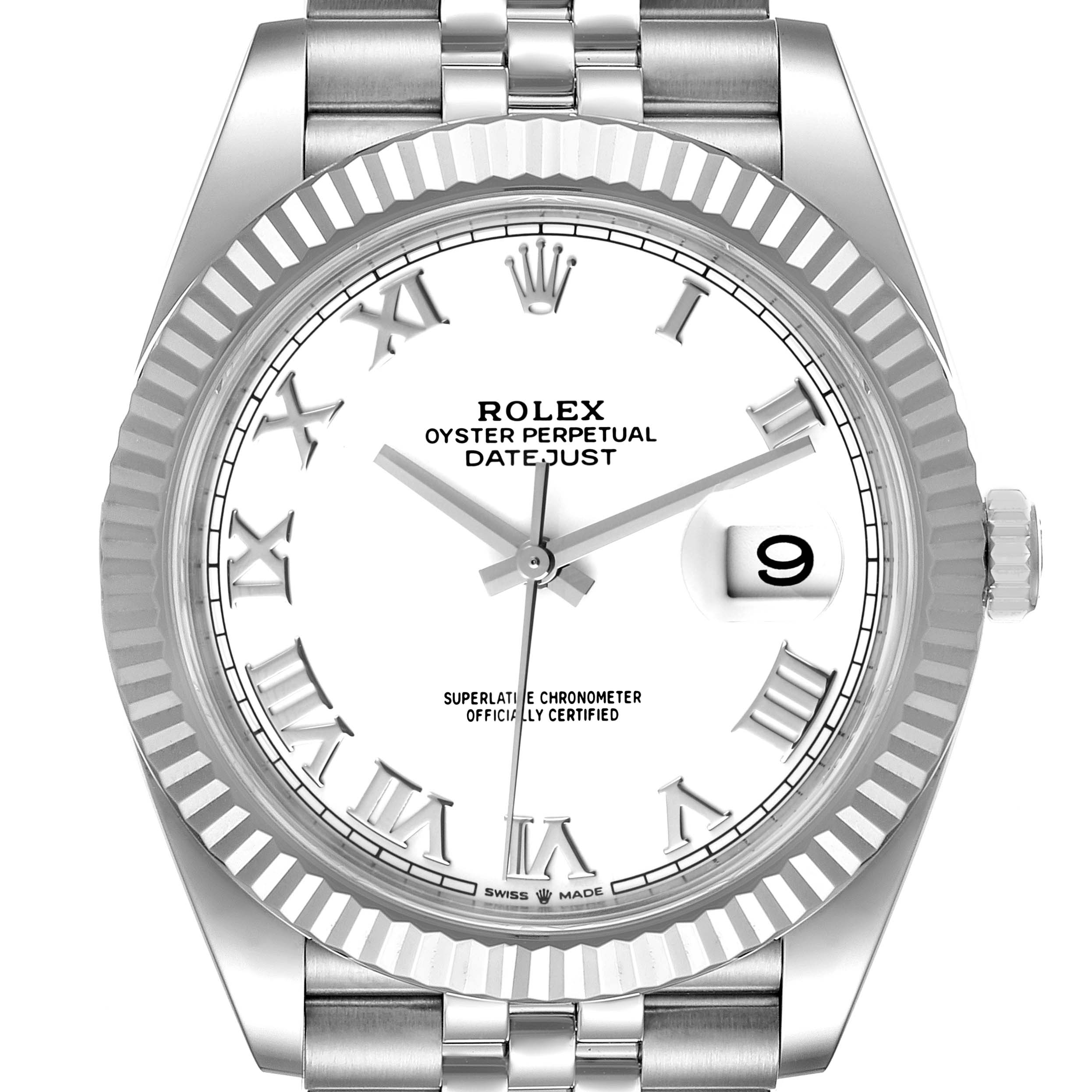 The image shows a frontal view of the Rolex Datejust 41 126334 Men
s Stainless Steel White Dial 126334 Men
s Stainless Steel White Dial, highlighting the dial, hands, date window, and bezel.