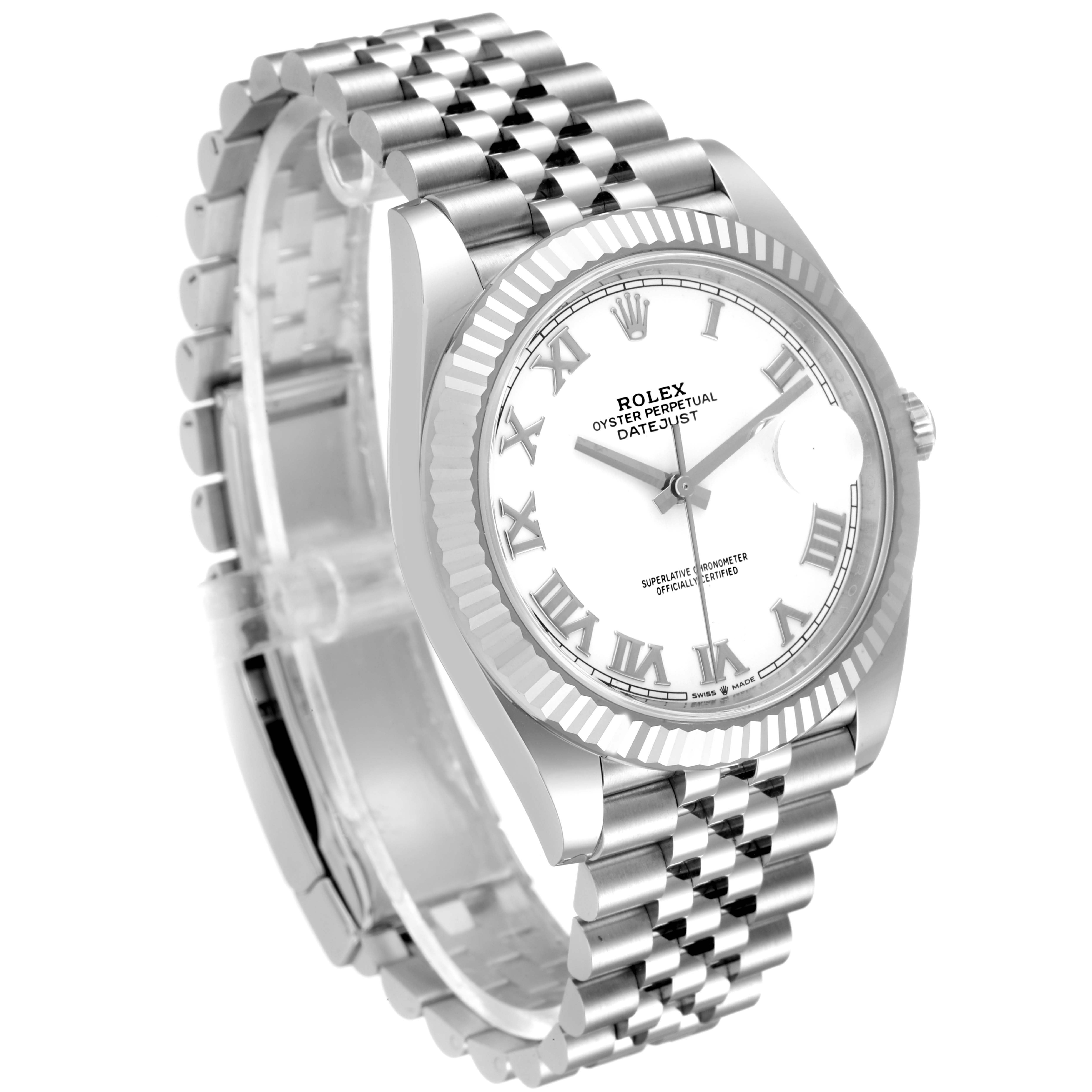 The image shows a Rolex Datejust 41 126334 Men
s Stainless Steel White Dial 126334 Men
s Stainless Steel White Dial watch from a front angle, displaying its dial, bezel, and bracelet.