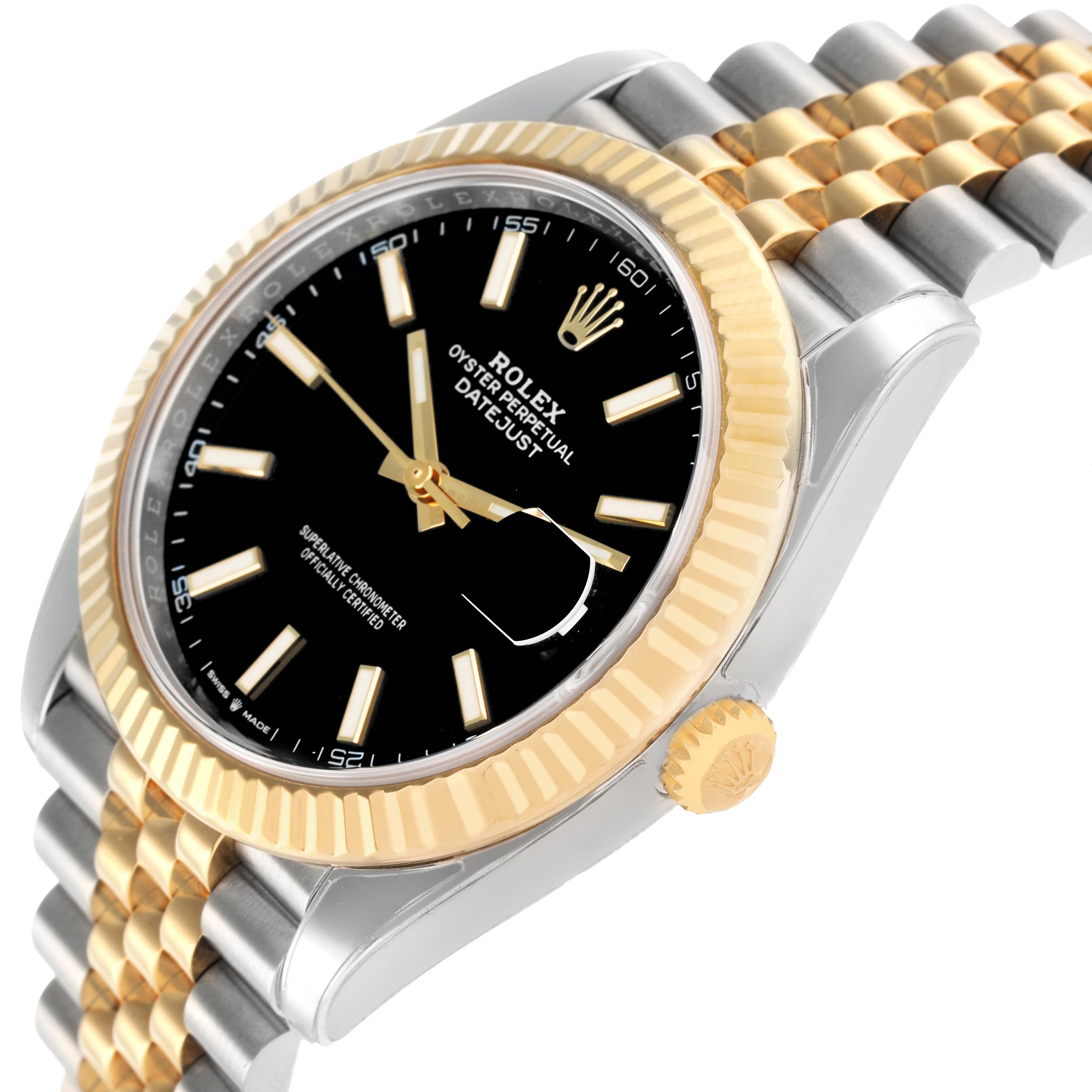 The Rolex Datejust 41 126333 Men's Steel and Gold (two tone) Black Dial is shown at a three-quarter angle, highlighting the black dial, fluted bezel, and jubilee bracelet.