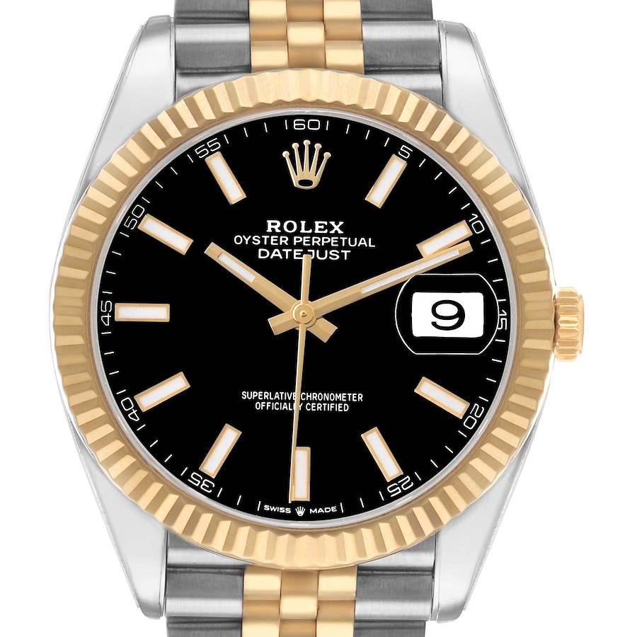 The Rolex Datejust 41 126333 Men's Steel and Gold (two tone) Black Dial watch is shown from the front, highlighting its black dial, fluted bezel, and two-tone bracelet.