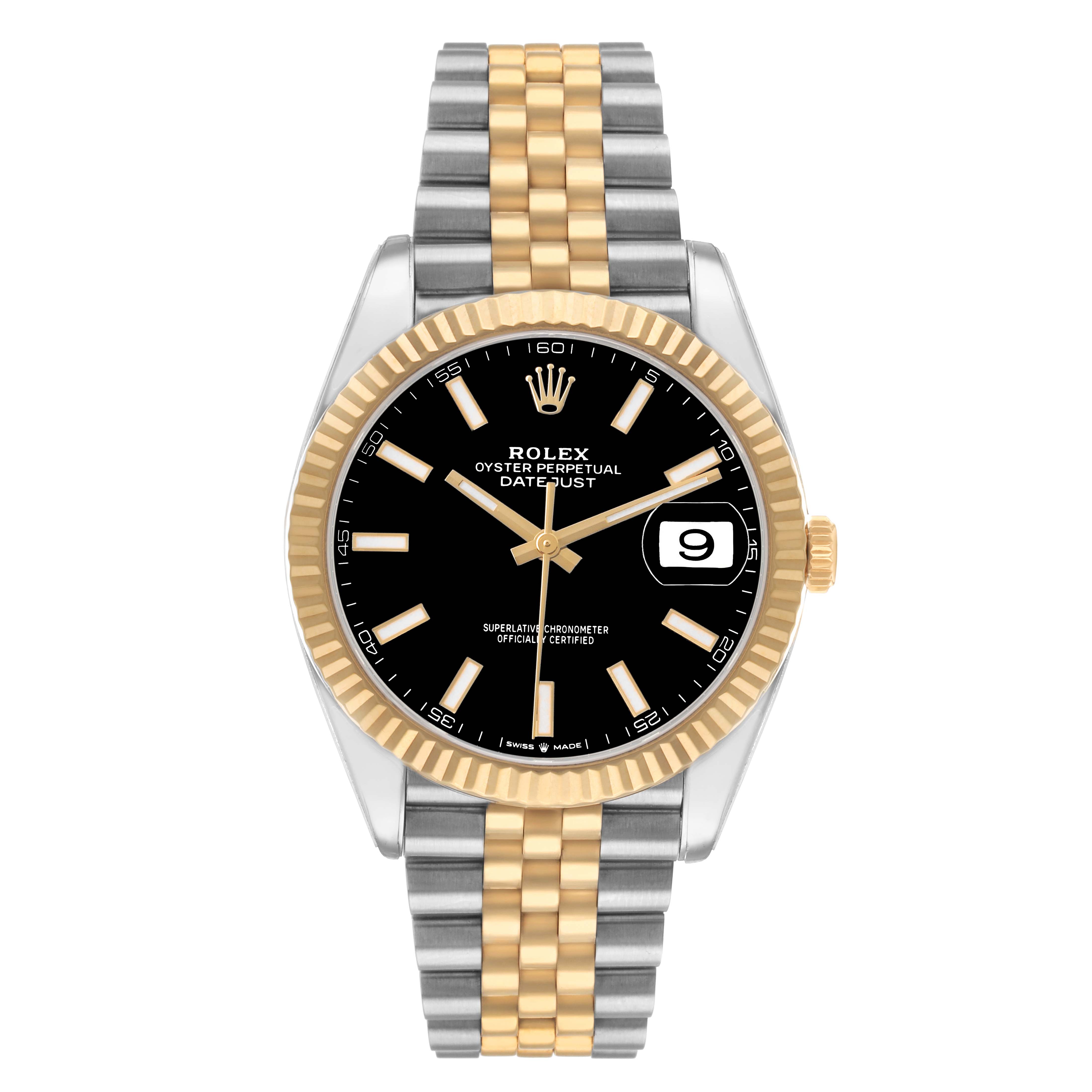 The Rolex Datejust 41 126333 Men's Steel and Gold (two tone) Black Dial watch is shown from a top-down angle, highlighting the black dial, fluted bezel, and two-tone jubilee bracelet.
