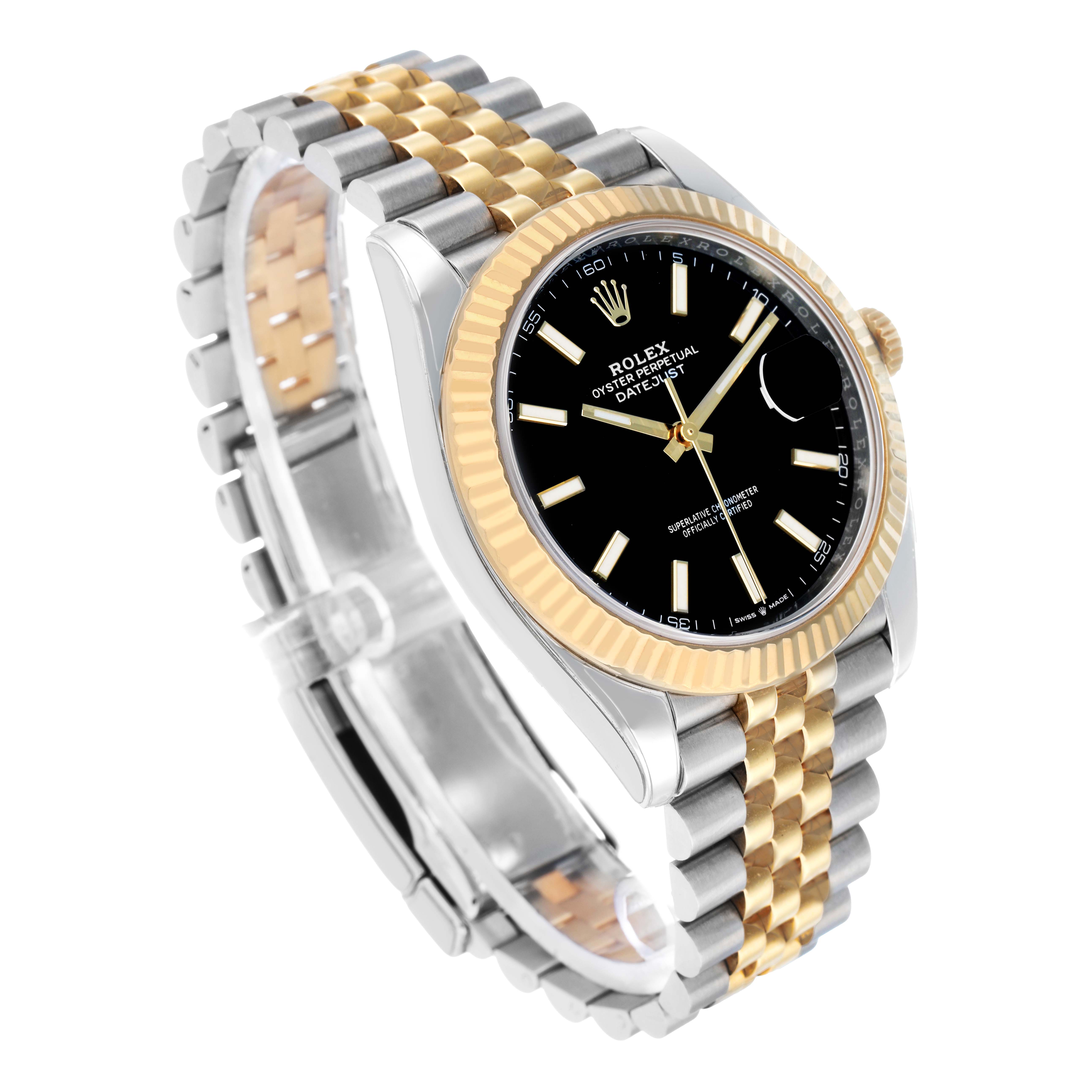 The Rolex Datejust 41 126333 Men's Steel and Gold (two tone) Black Dial is shown at a three-quarter angle, highlighting the black dial, fluted gold bezel, and two-tone Jubilee bracelet.