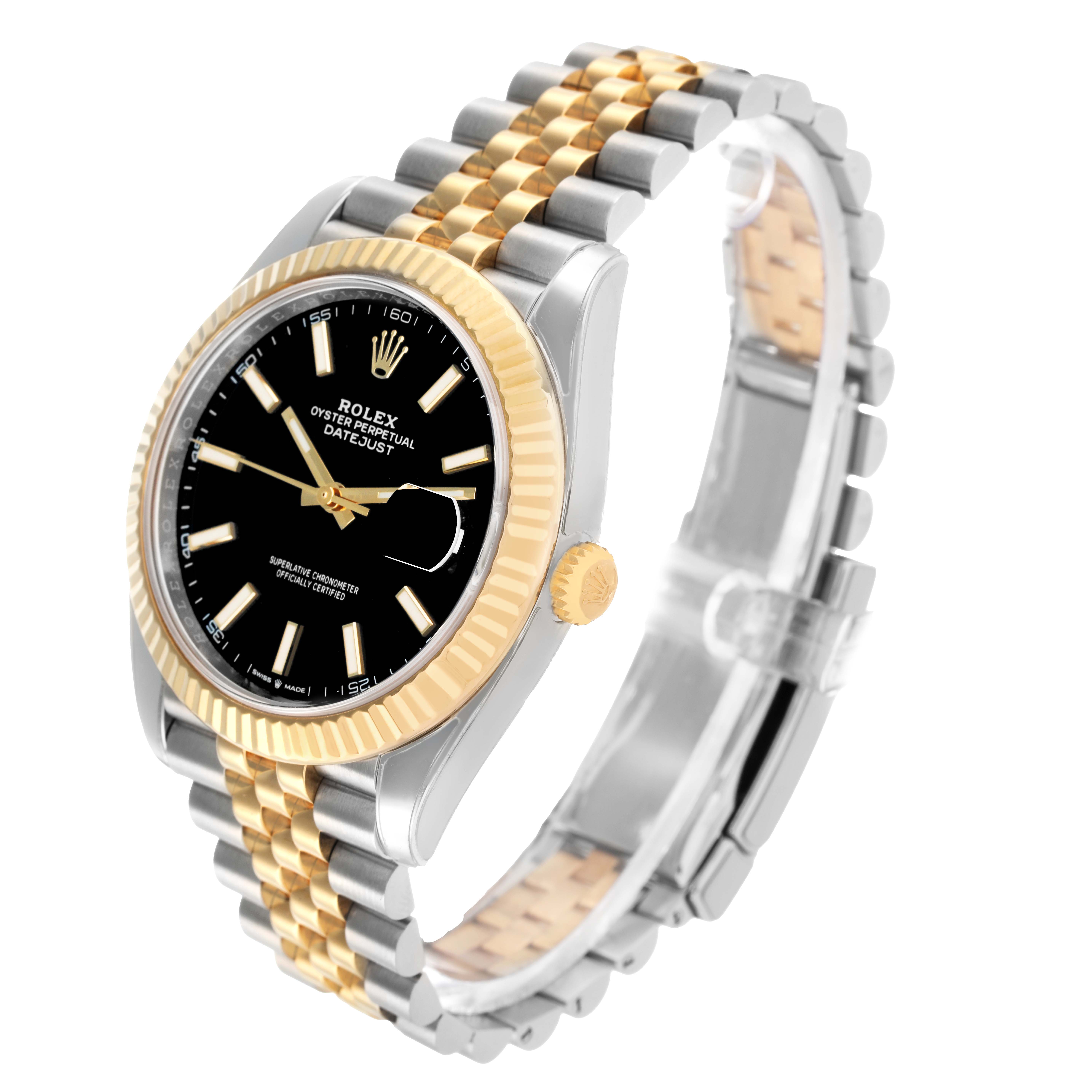 The Rolex Datejust 41 126333 Men's Steel and Gold (two tone) Black Dial is shown at an oblique angle, highlighting its dial, bezel, two-tone bracelet, and crown.