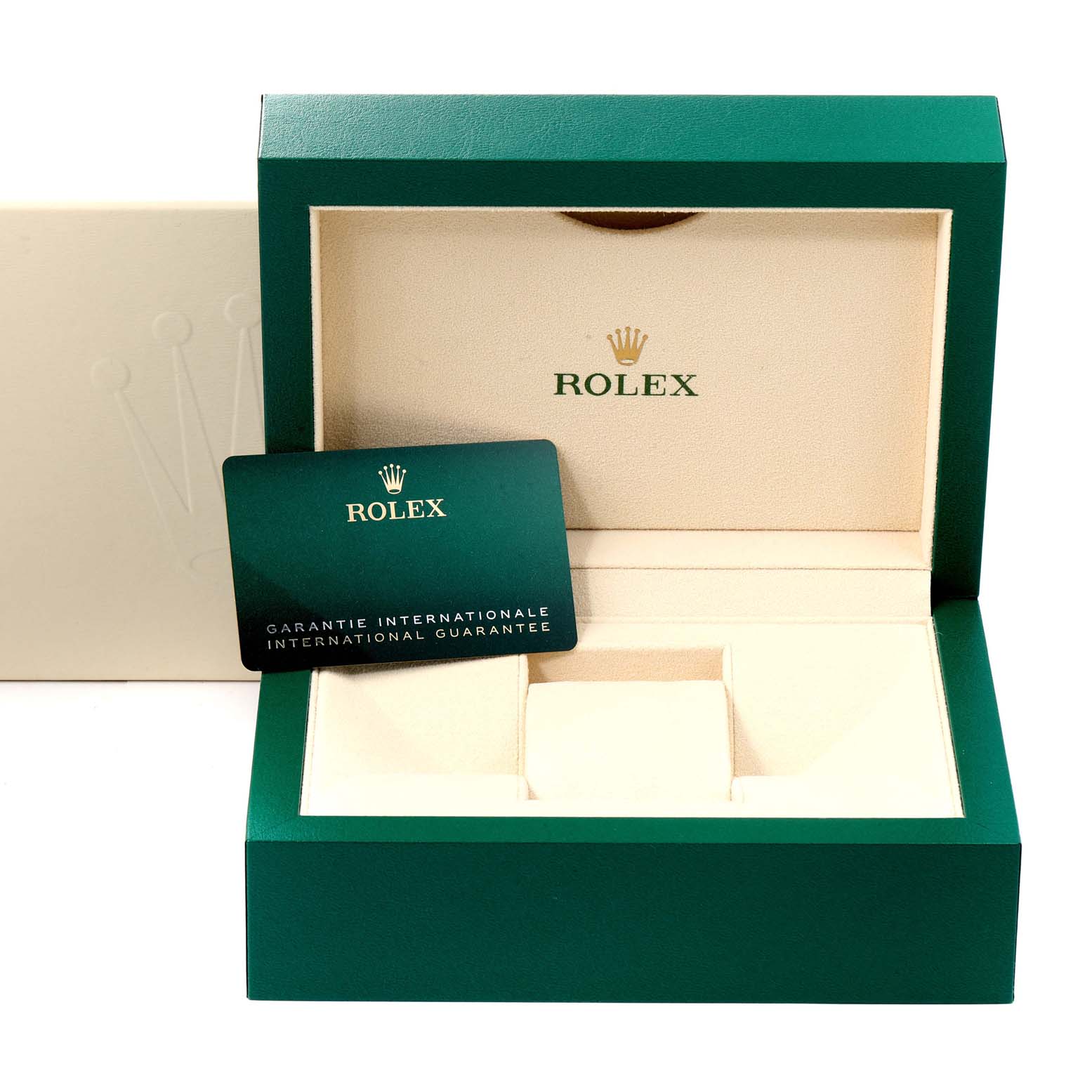 This image shows the open box and international guarantee card for the Rolex Datejust 41 126333 Men's Steel and Gold (two tone) Champagne Dial 126333 Men's Steel and Gold (two tone) Champagne Dial watch.