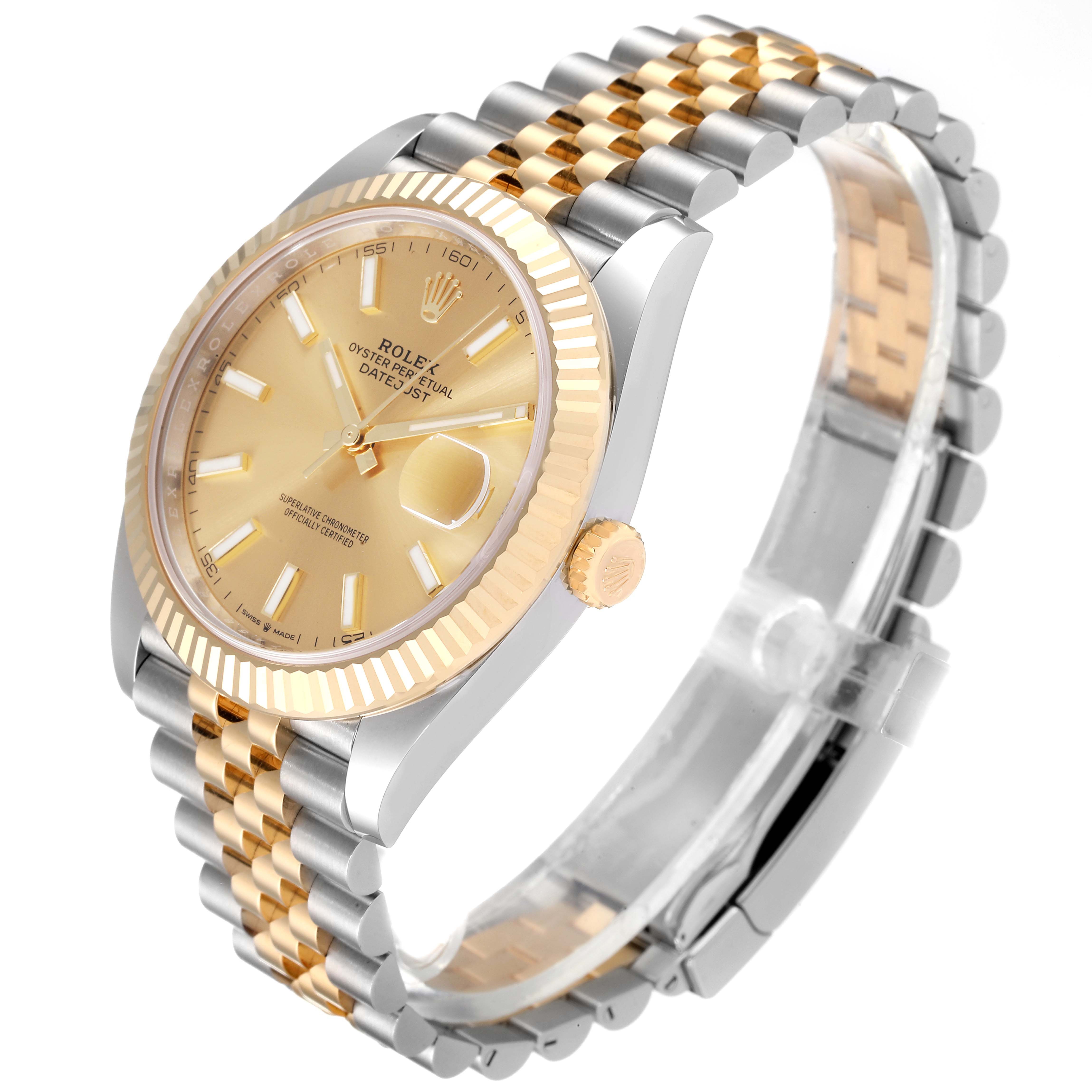 The Rolex Datejust 41 126333 Men's Steel and Gold (two tone) Champagne Dial 126333 Men's Steel and Gold (two tone) Champagne Dial model is shown from an angled view, highlighting the two-tone bracelet, fluted bezel, and champagne dial.