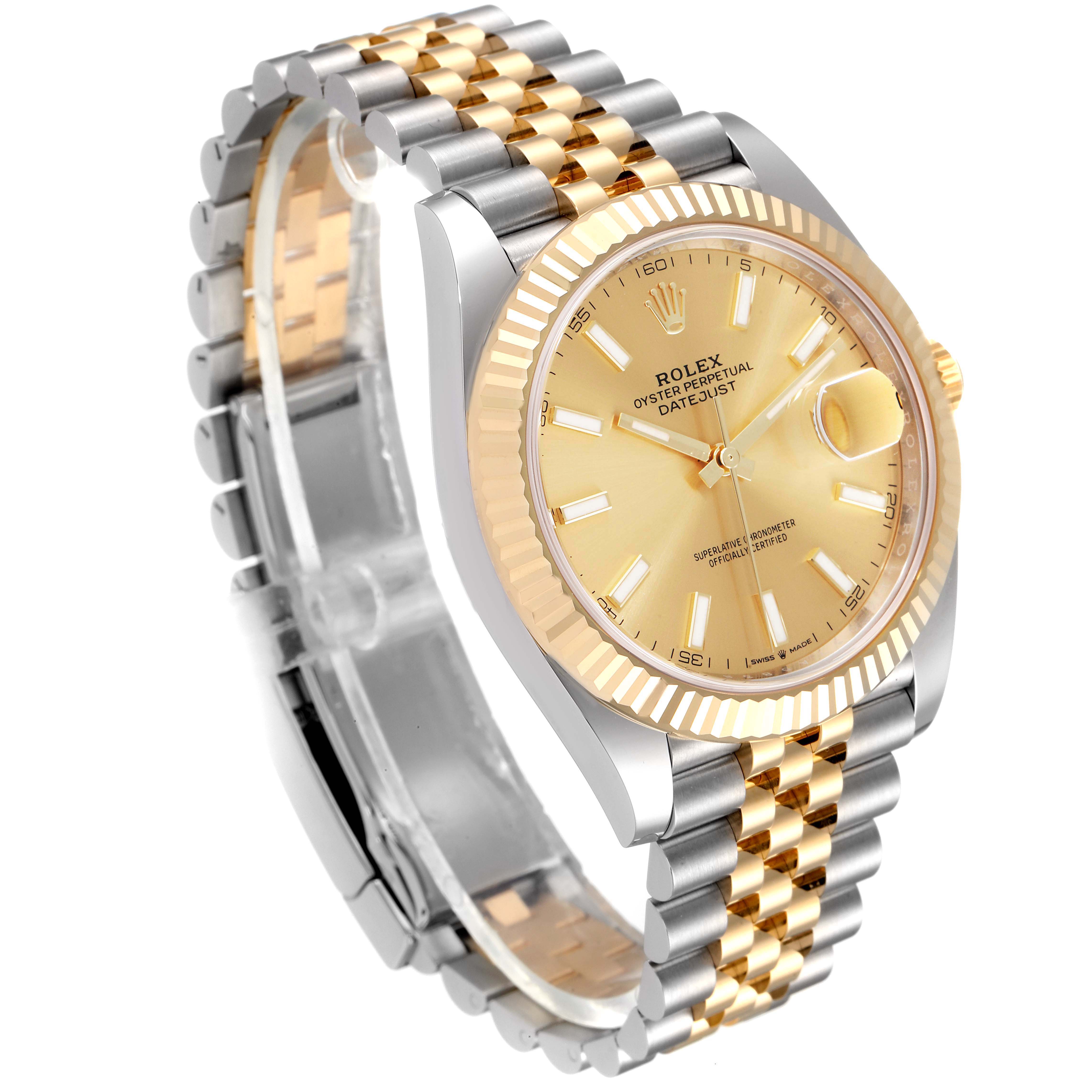The image shows the Rolex Datejust 41 126333 Men's Steel and Gold (two tone) Champagne Dial 126333 Men's Steel and Gold (two tone) Champagne Dial watch from an angled side view, highlighting its two-tone bracelet and gold dial.