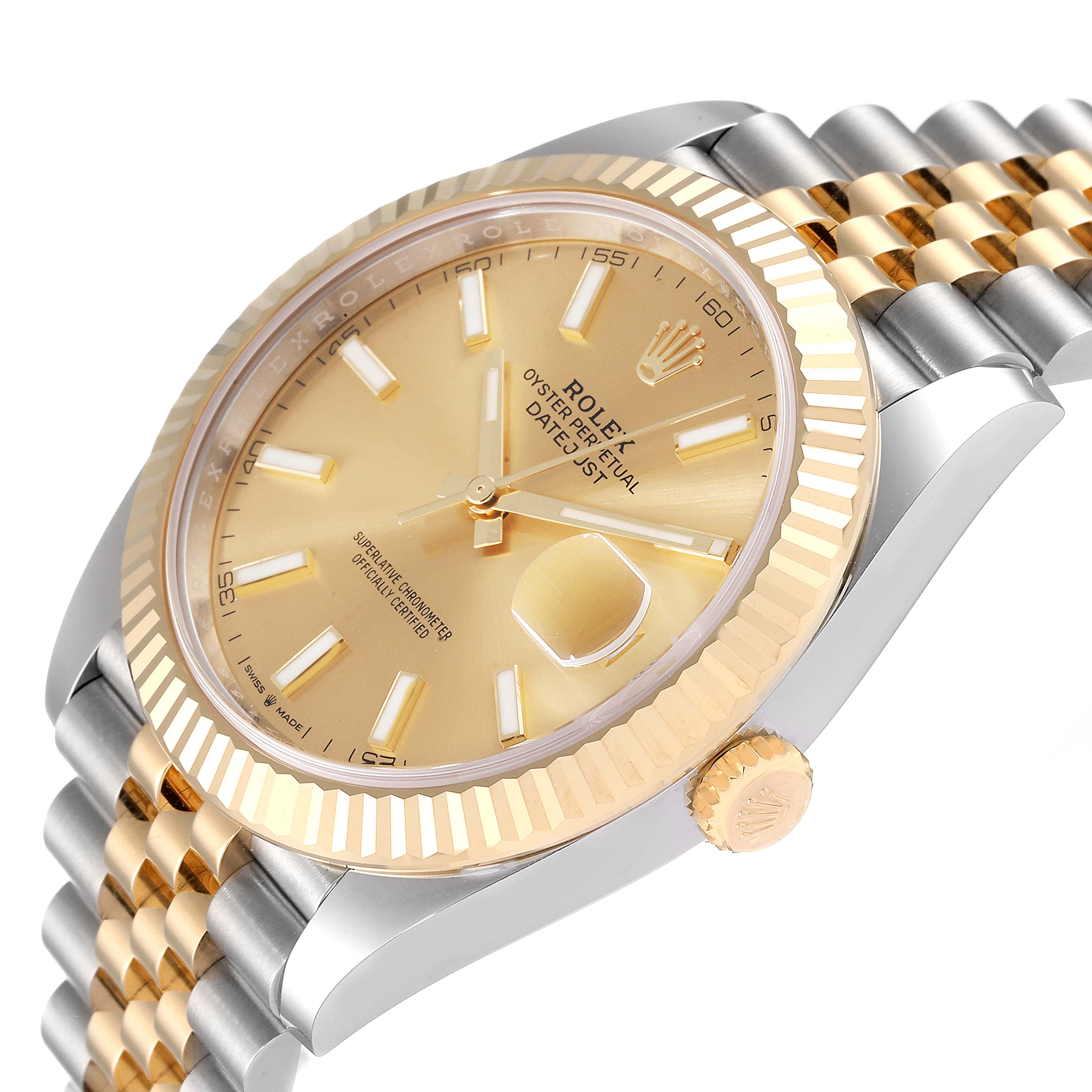 The image shows a close-up side angle of a Rolex Datejust 41 126333 Men's Steel and Gold (two tone) Champagne Dial 126333 Men's Steel and Gold (two tone) Champagne Dial watch, highlighting its gold fluted bezel, champagne dial, and two-tone bracelet.
