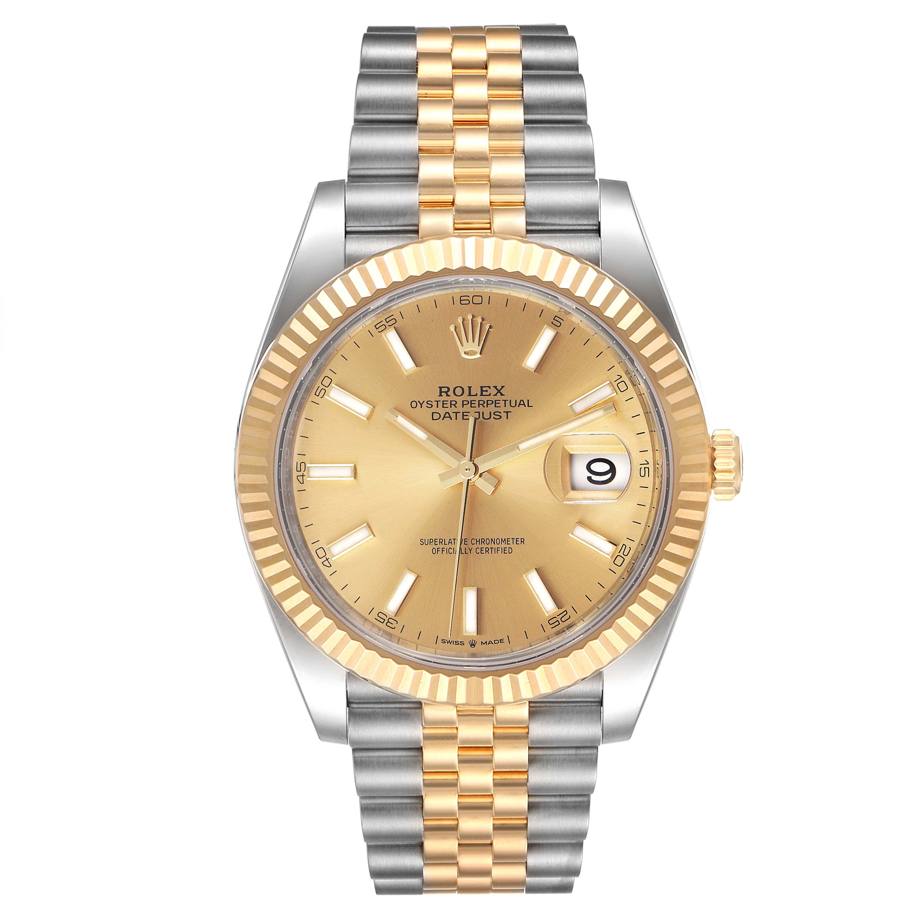 This image shows a front view of a Rolex Datejust 41 126333 Men's Steel and Gold (two tone) Champagne Dial 126333 Men's Steel and Gold (two tone) Champagne Dial, highlighting its two-tone bracelet, gold dial, and fluted bezel.