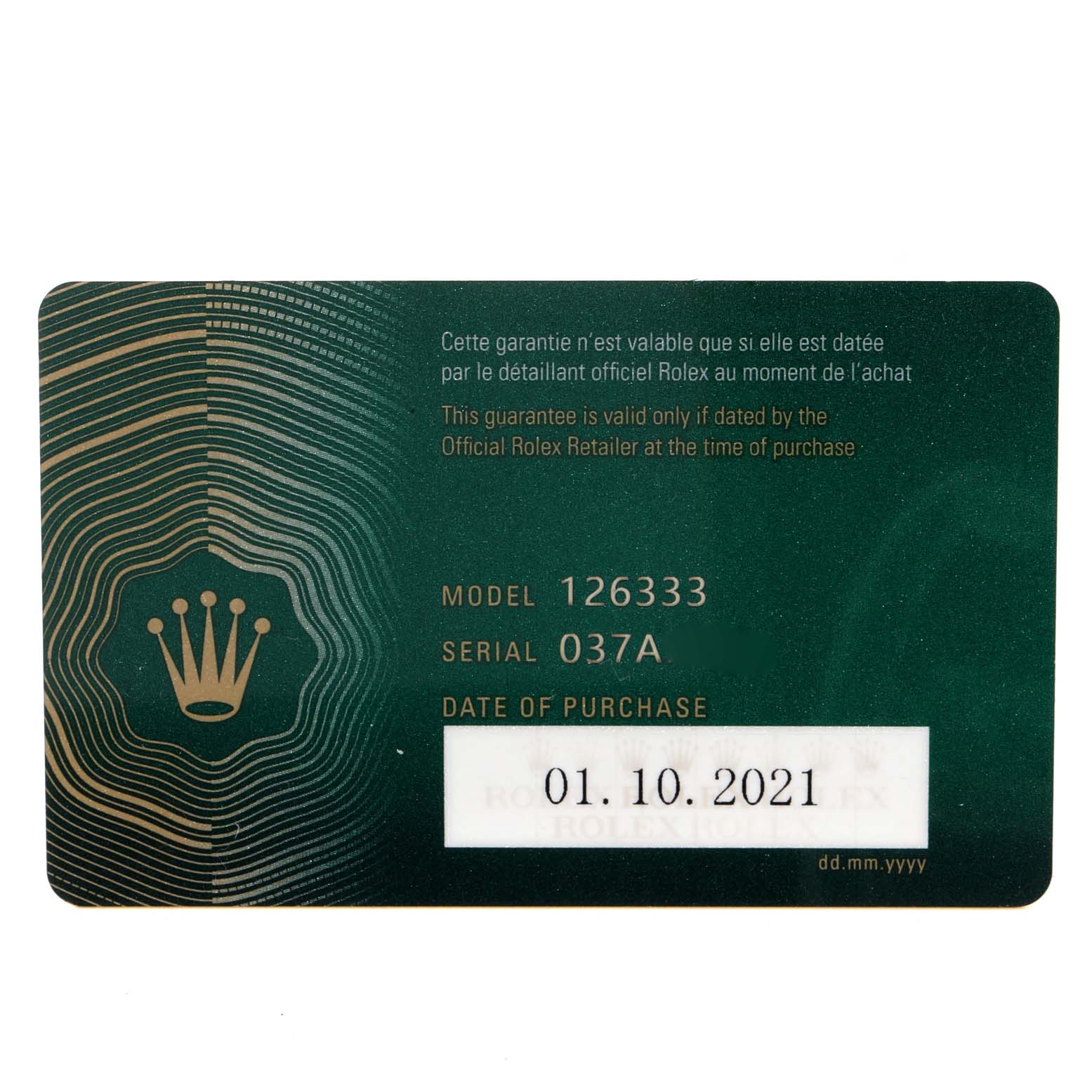 The image shows the warranty card for the Rolex Datejust 41 126333 Men's Steel and Gold (two tone) Champagne Dial 126333 Men's Steel and Gold (two tone) Champagne Dial model with details like the model number, serial number, and date of purchase.