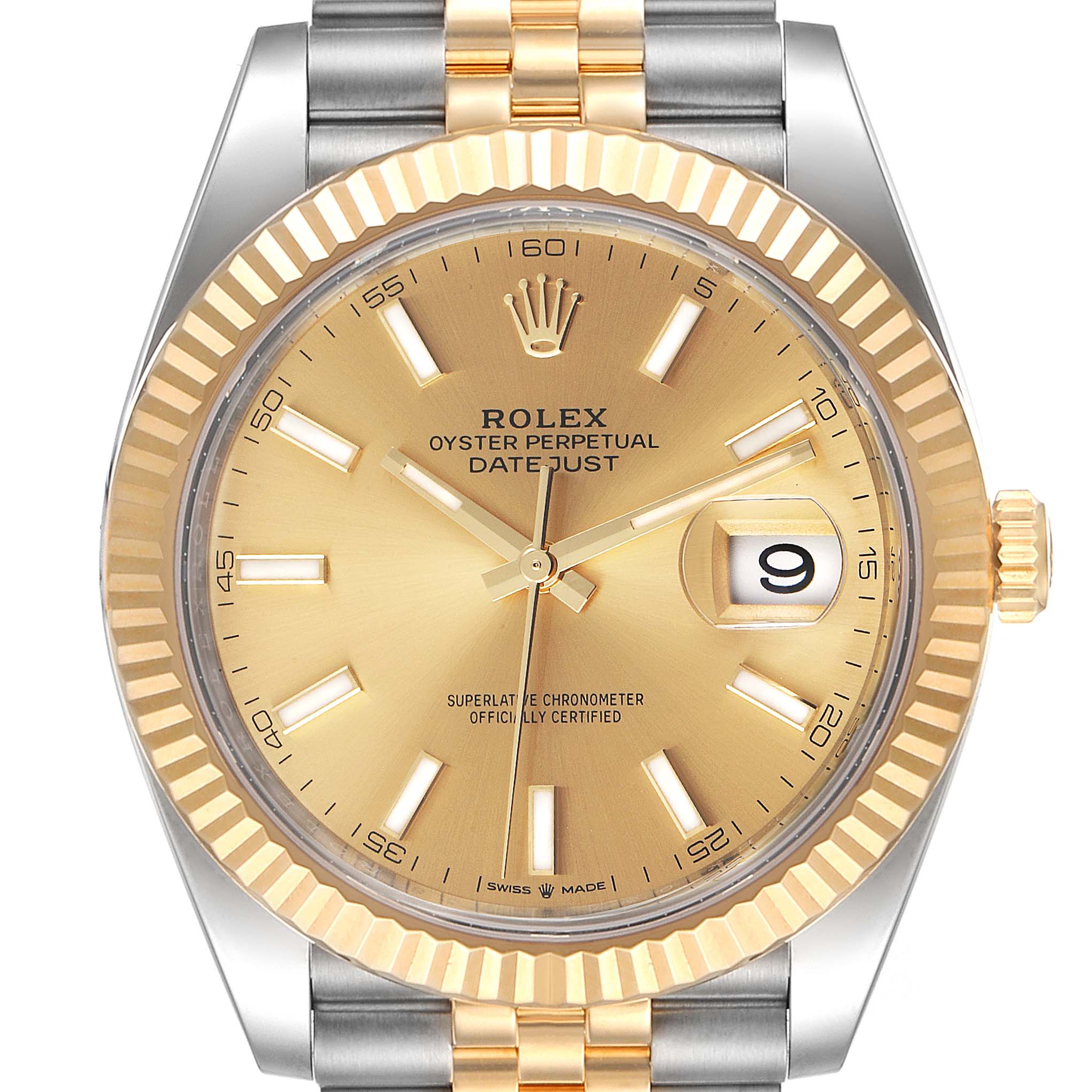 This is a frontal view of a Rolex Datejust 41 126333 Men's Steel and Gold (two tone) Champagne Dial 126333 Men's Steel and Gold (two tone) Champagne Dial, showcasing the dial, bezel, and part of the bracelet.