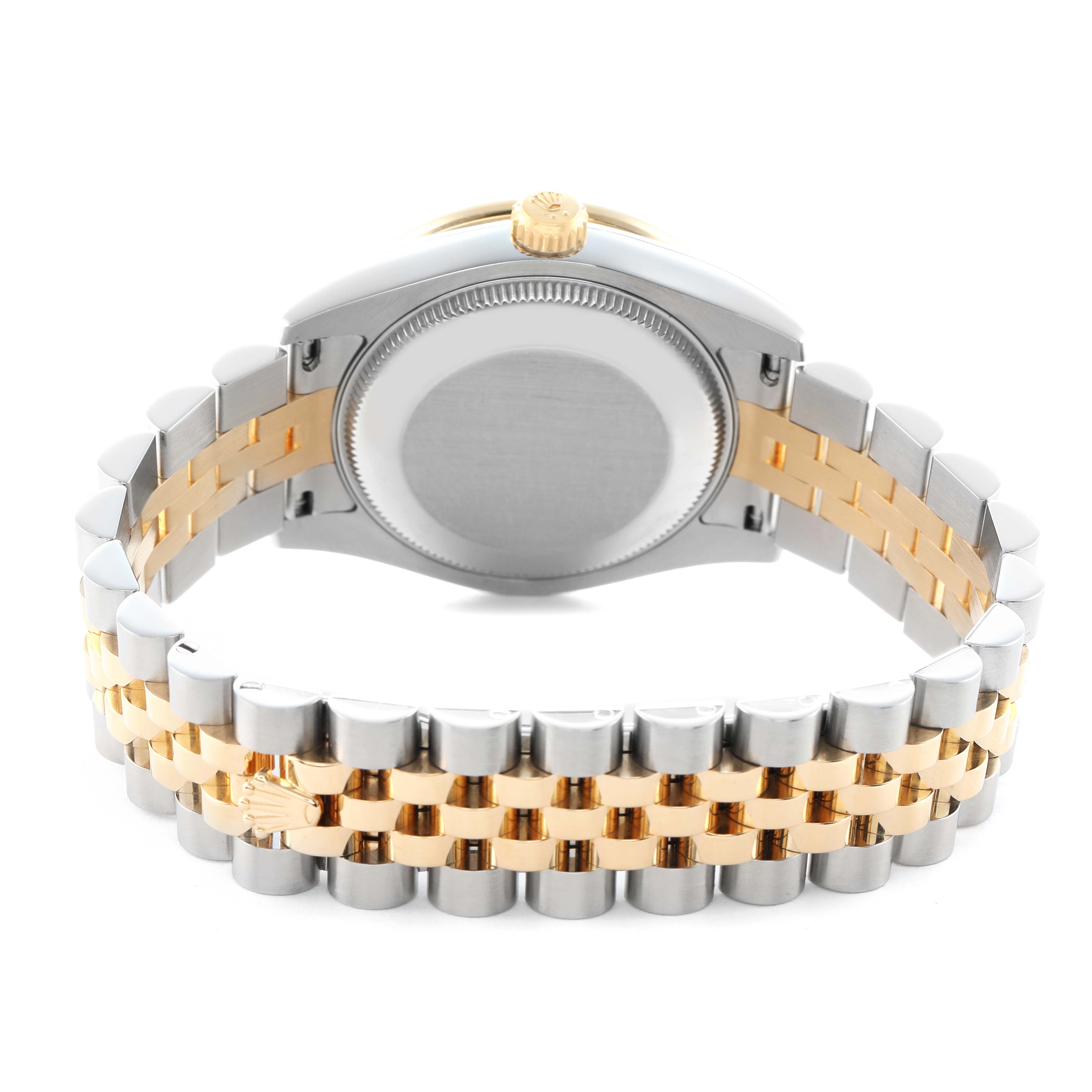 The image shows a Rolex Mid-Size 178383 Women's Steel and Gold (two tone) Mother of Pearl Dial watch from the back, highlighting the case back, crown, and two-tone metal bracelet.