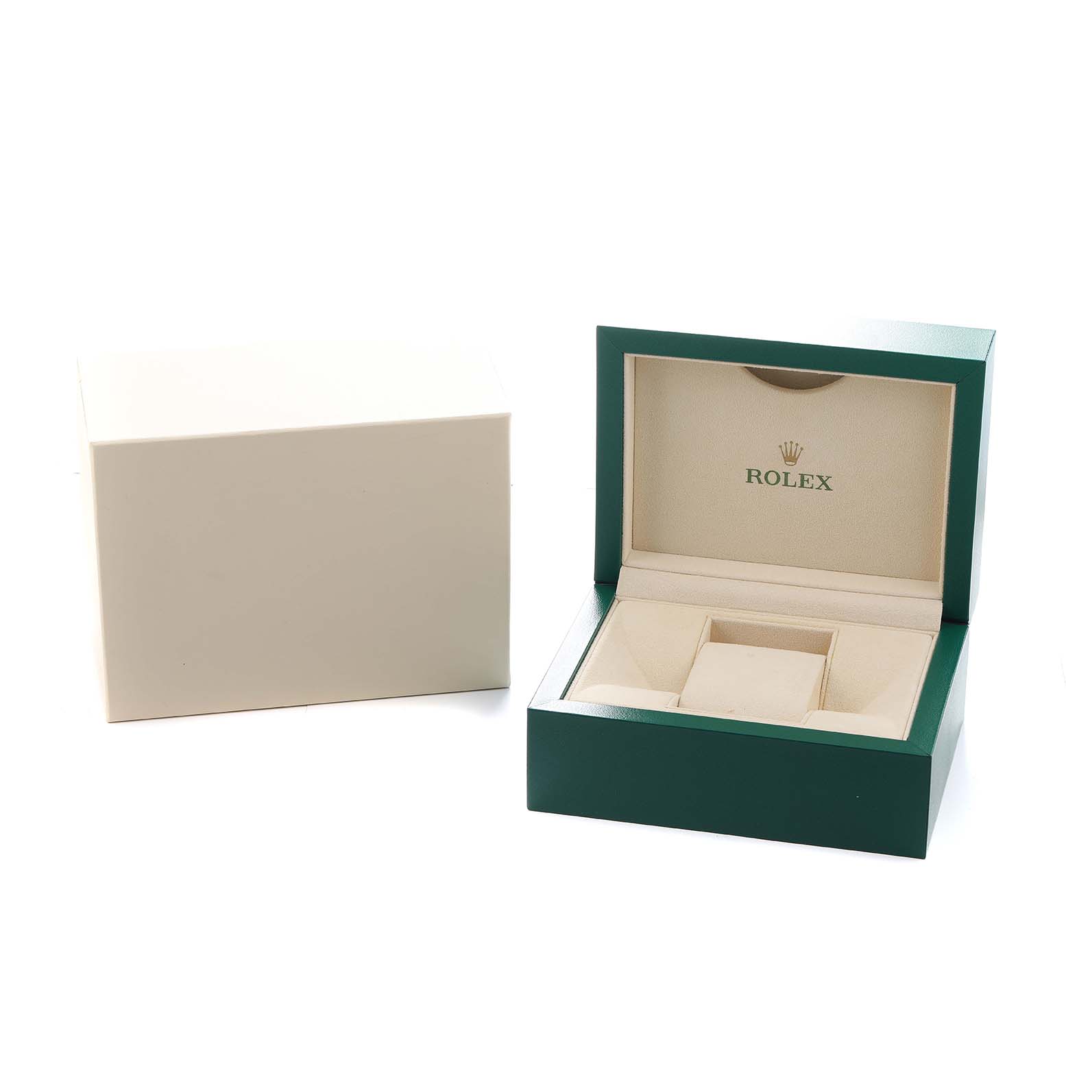 The image shows an open green Rolex watch box with a cream interior and a separate closed outer box.