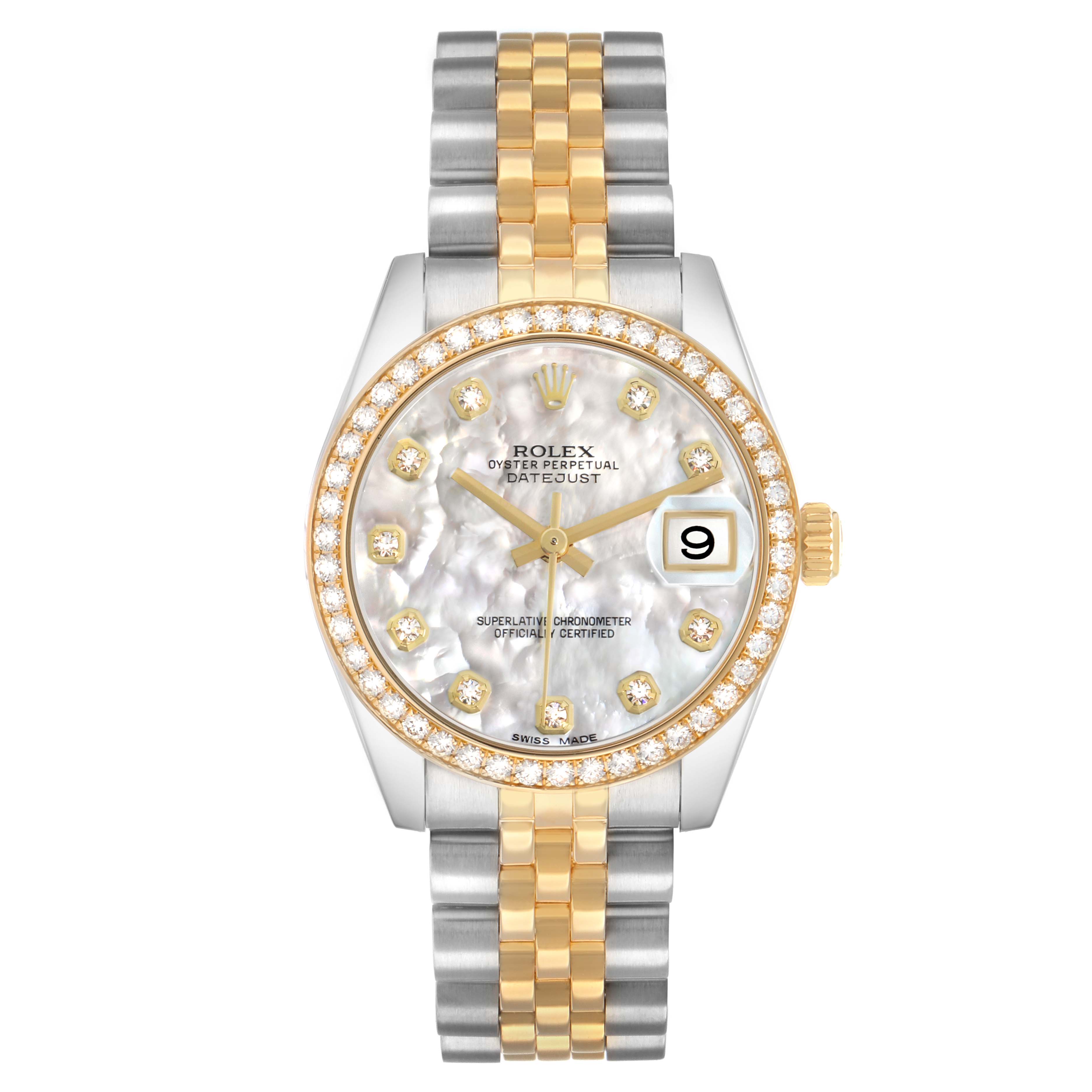 The Rolex Datejust Mid-Size is shown from a front angle, displaying the face, bezel, dial, and bracelet.