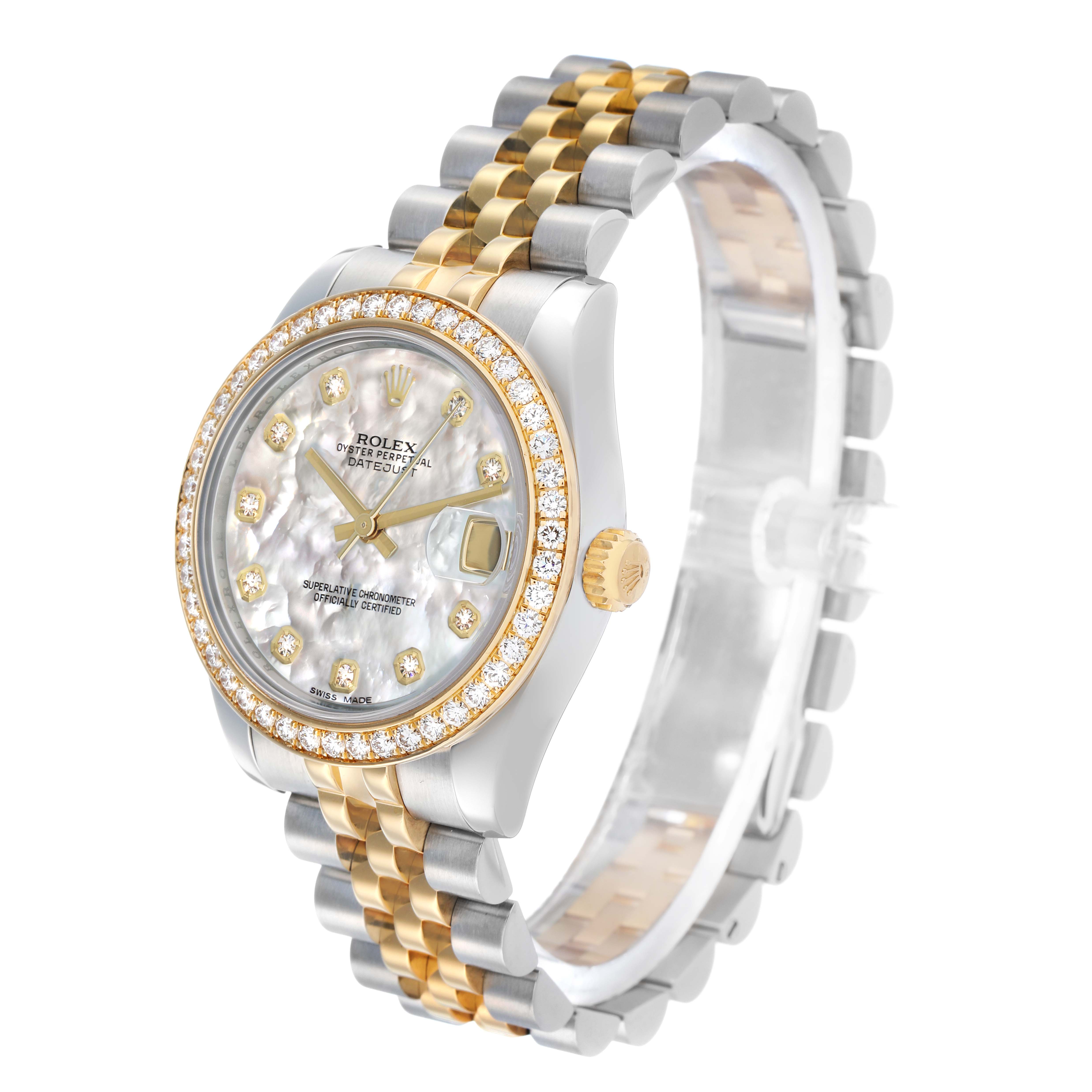 The Rolex Mid-Size 178383 Women's Steel and Gold (two tone) Mother of Pearl Dial watch is shown at a three-quarter angle, displaying the face, bezel, crown, and bracelet.