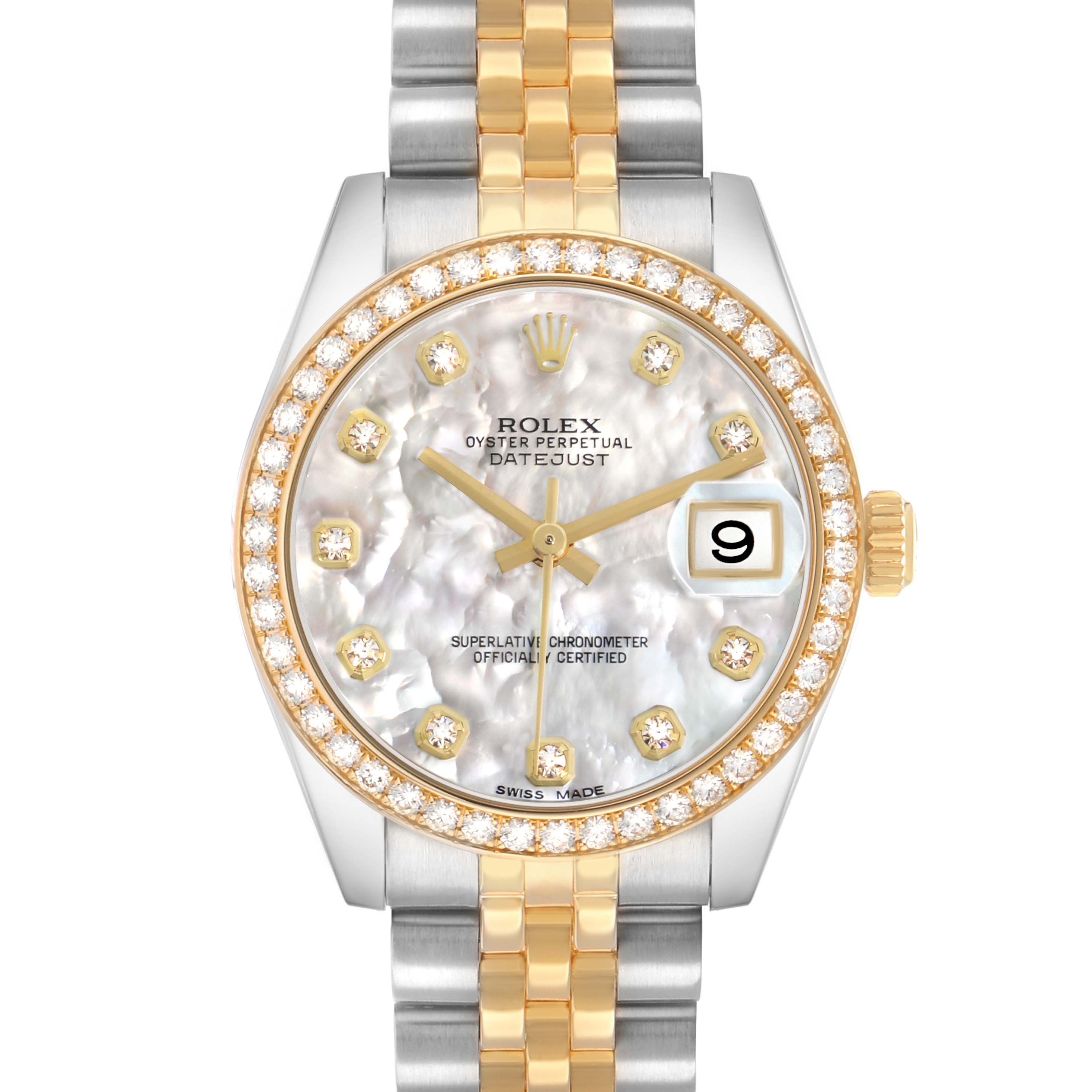 The Rolex Mid-Size 178383 Women's Steel and Gold (two tone) Mother of Pearl Dial model is shown from the front, featuring a two-tone bracelet, diamond-set bezel, and a mother-of-pearl dial.