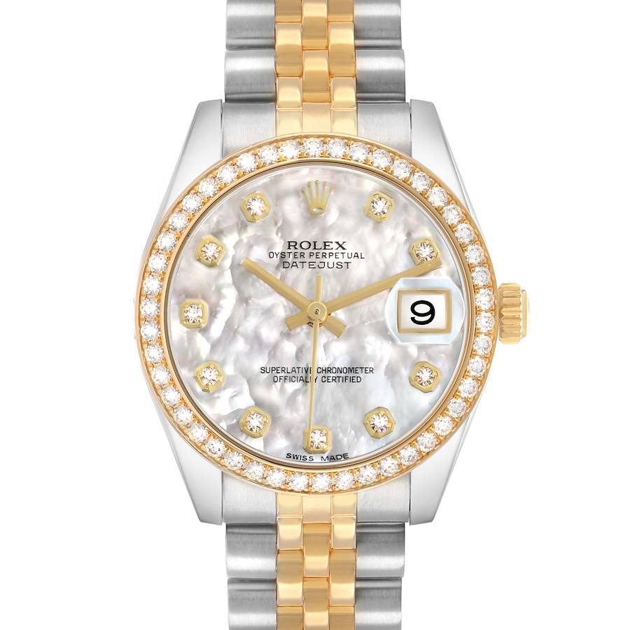 The Rolex Mid-Size 178383 Women's Steel and Gold (two tone) Mother of Pearl Dial model is shown from the front, featuring a two-tone bracelet, diamond-set bezel, and a mother-of-pearl dial.