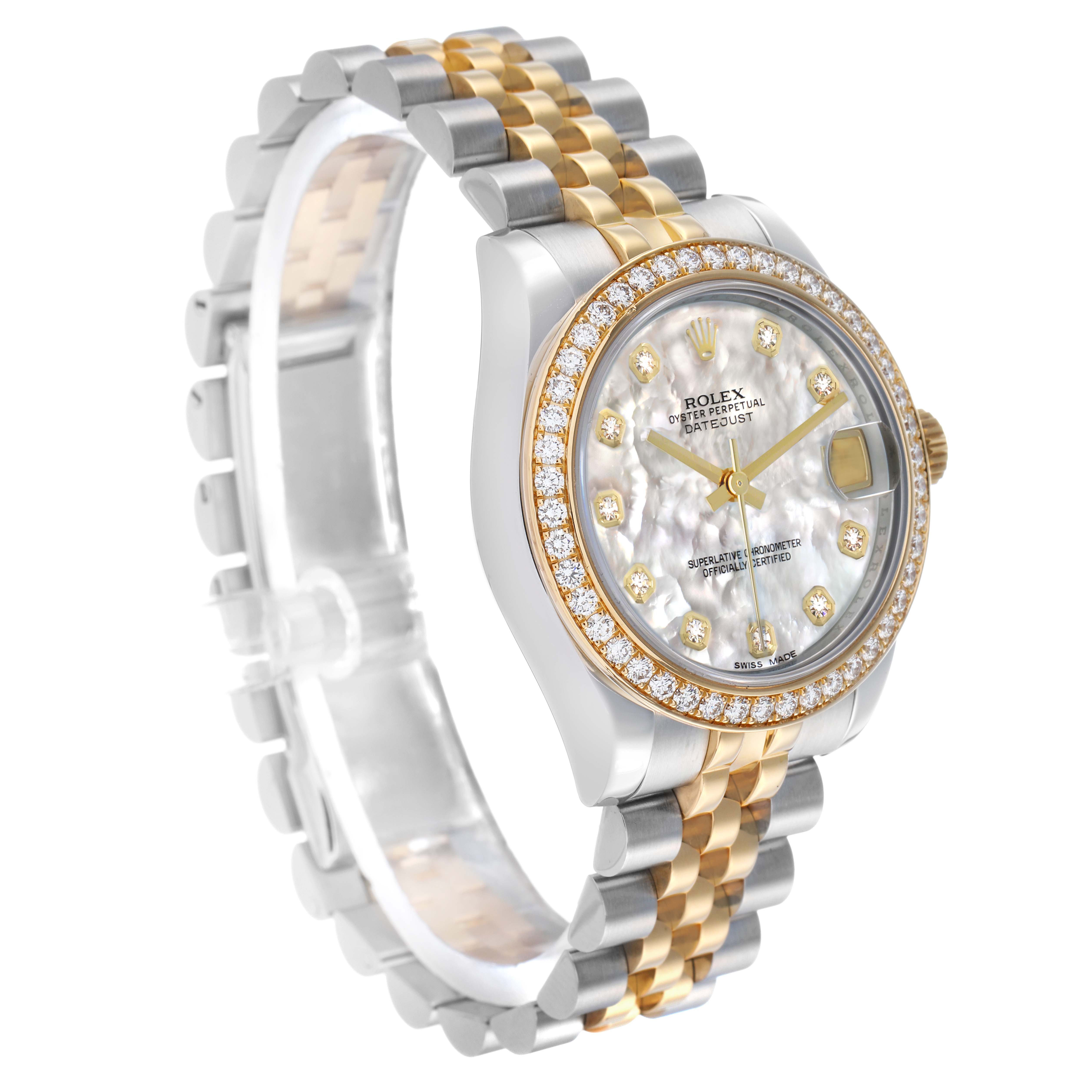The Rolex Mid-Size 178383 Women's Steel and Gold (two tone) Mother of Pearl Dial watch is angled to show the side and face, featuring a two-tone bracelet and diamond-set bezel.