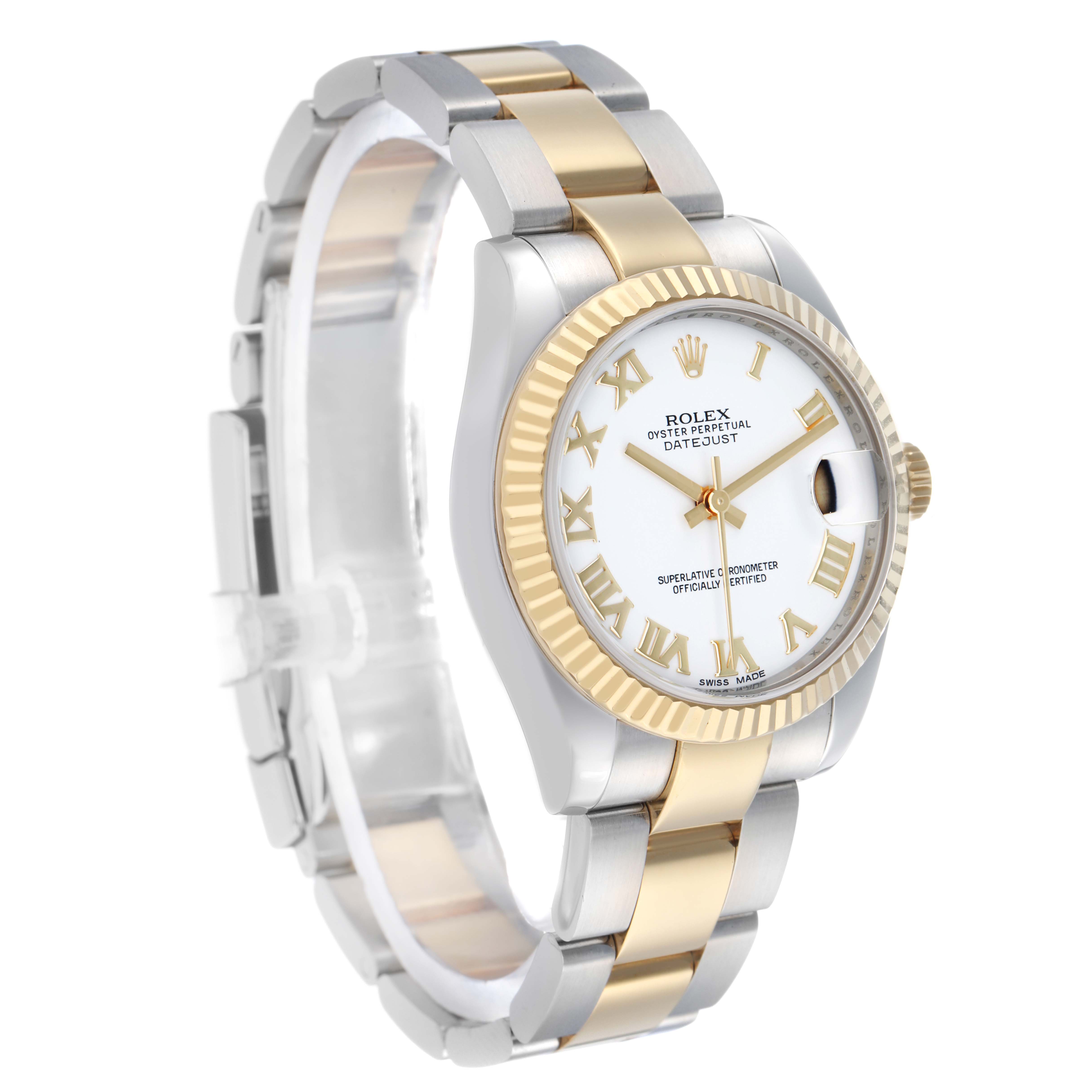 The Rolex Mid-Size 178273 Women's Steel and Gold (two tone) White Dial watch is shown at a slight angle, highlighting the dial, bezel, crown, and part of the bracelet.