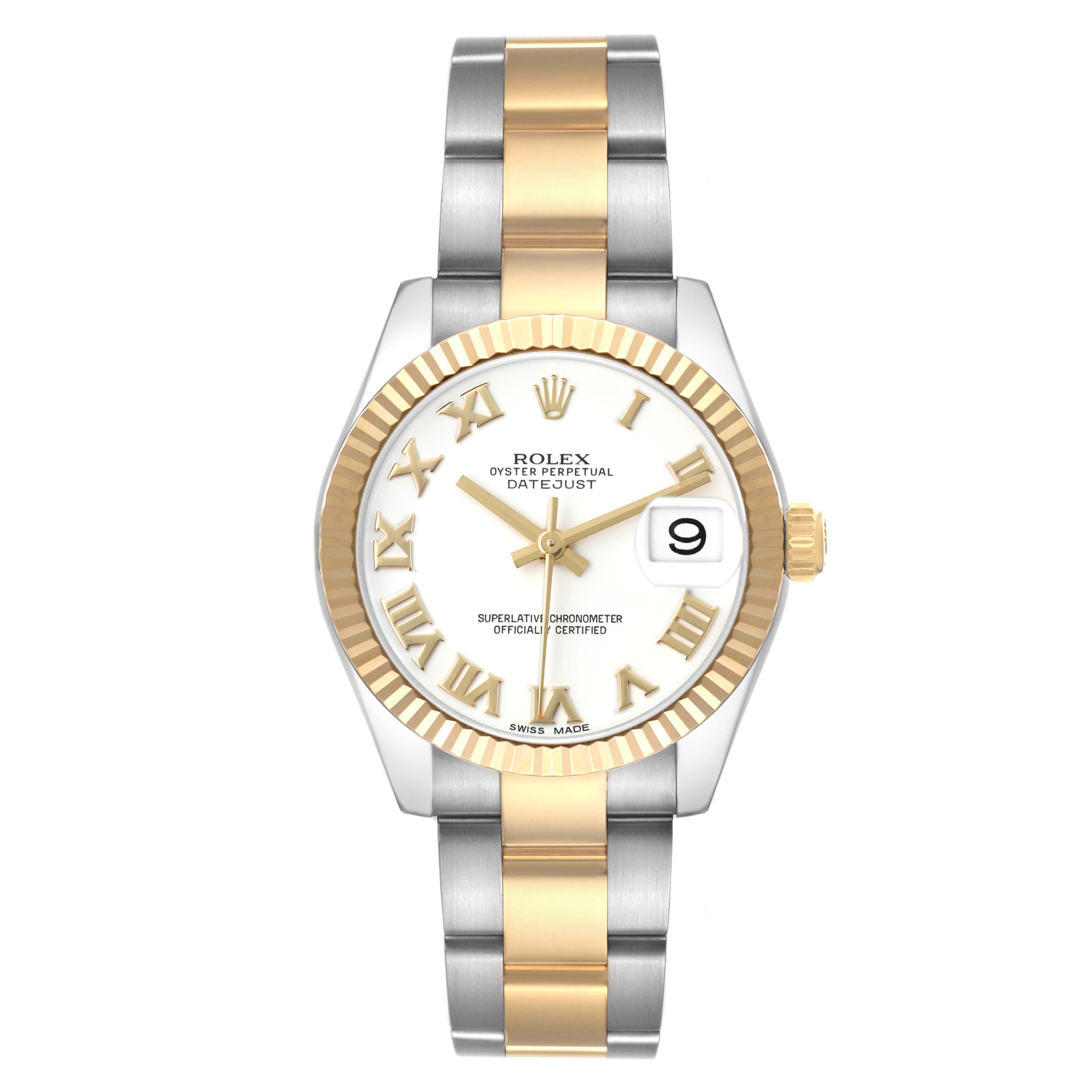 The Rolex Mid-Size 178273 Women's Steel and Gold (two tone) White Dial Datejust is shown from a top-down angle, displaying the bezel, dial, bracelet, and date feature.
