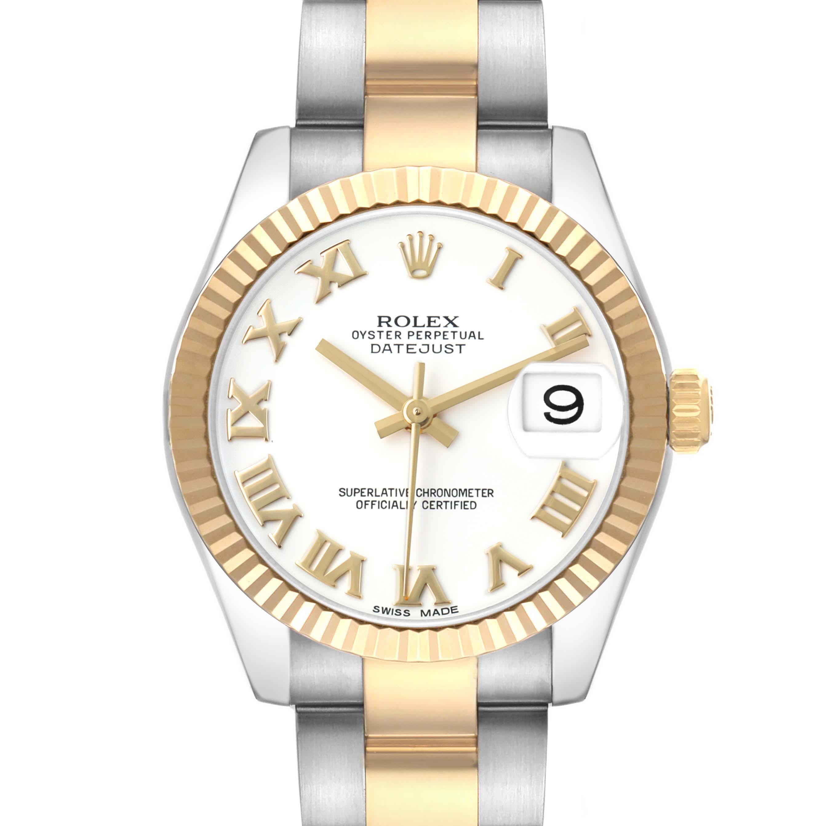 The Rolex Datejust Mid-Size watch is shown from the front, highlighting the dial, hands, fluted bezel, and bracelet.