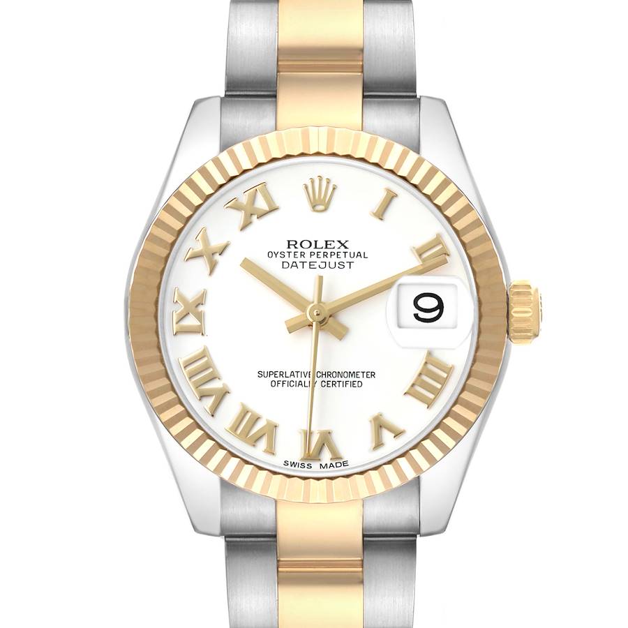 The Rolex Datejust Mid-Size watch is shown from the front, highlighting the dial, hands, fluted bezel, and bracelet.
