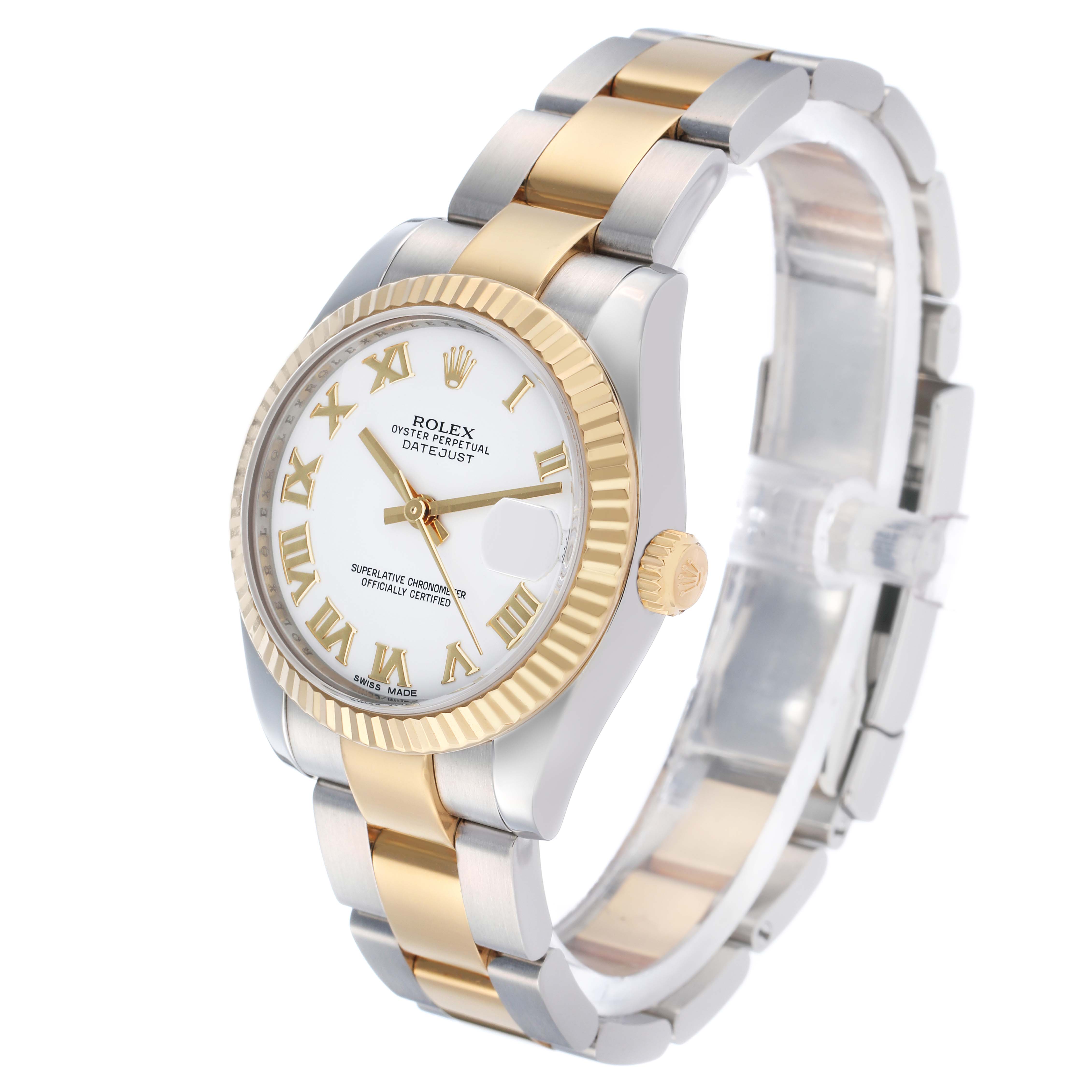 The Rolex Mid-Size 178273 Women's Steel and Gold (two tone) White Dial watch is shown at a three-quarter angle, highlighting its two-tone bracelet, fluted bezel, and white dial with Roman numerals.
