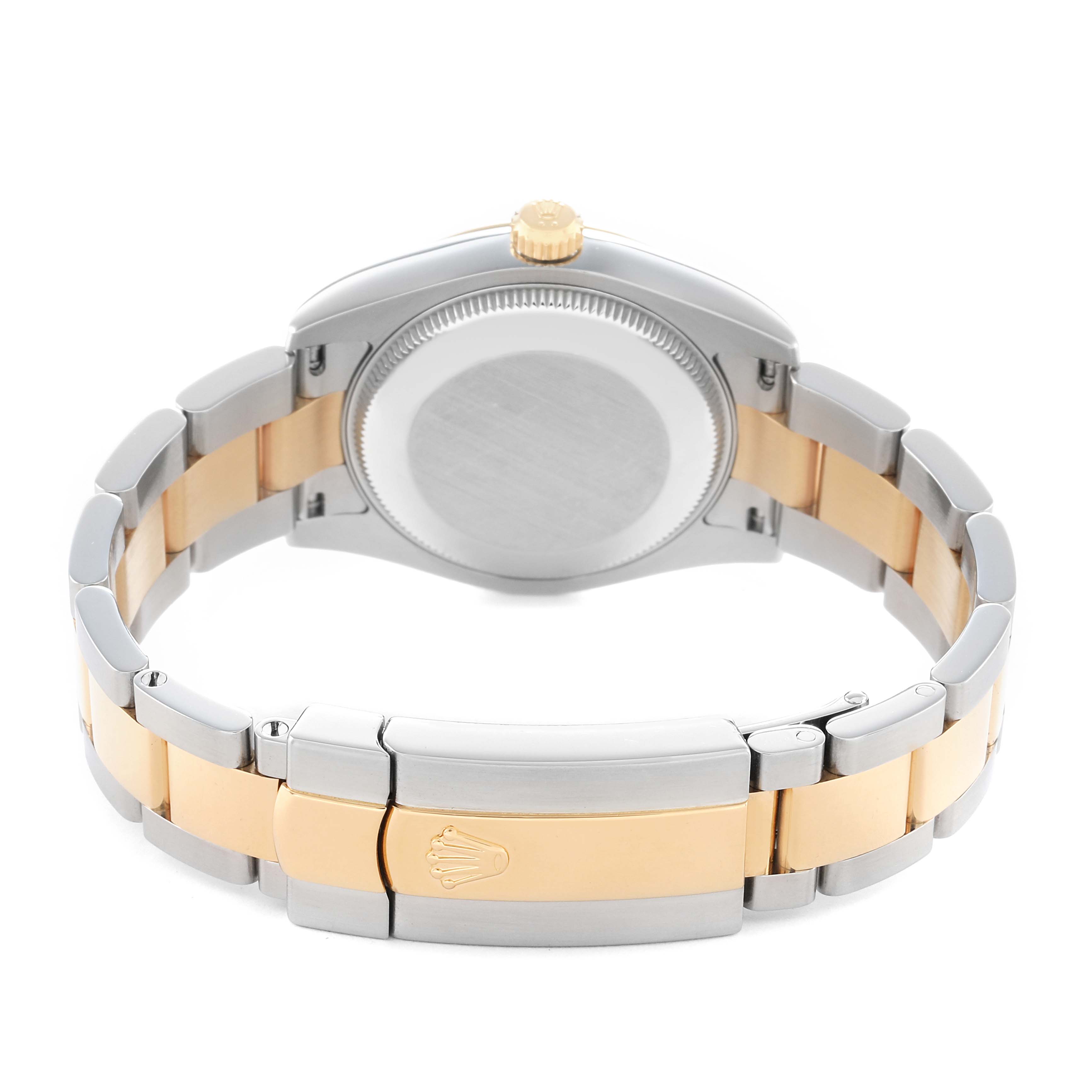 The Rolex Mid-Size 178273 Women's Steel and Gold (two tone) White Dial watch is shown from the back, highlighting the case back, bracelet, and clasp in a two-tone design.