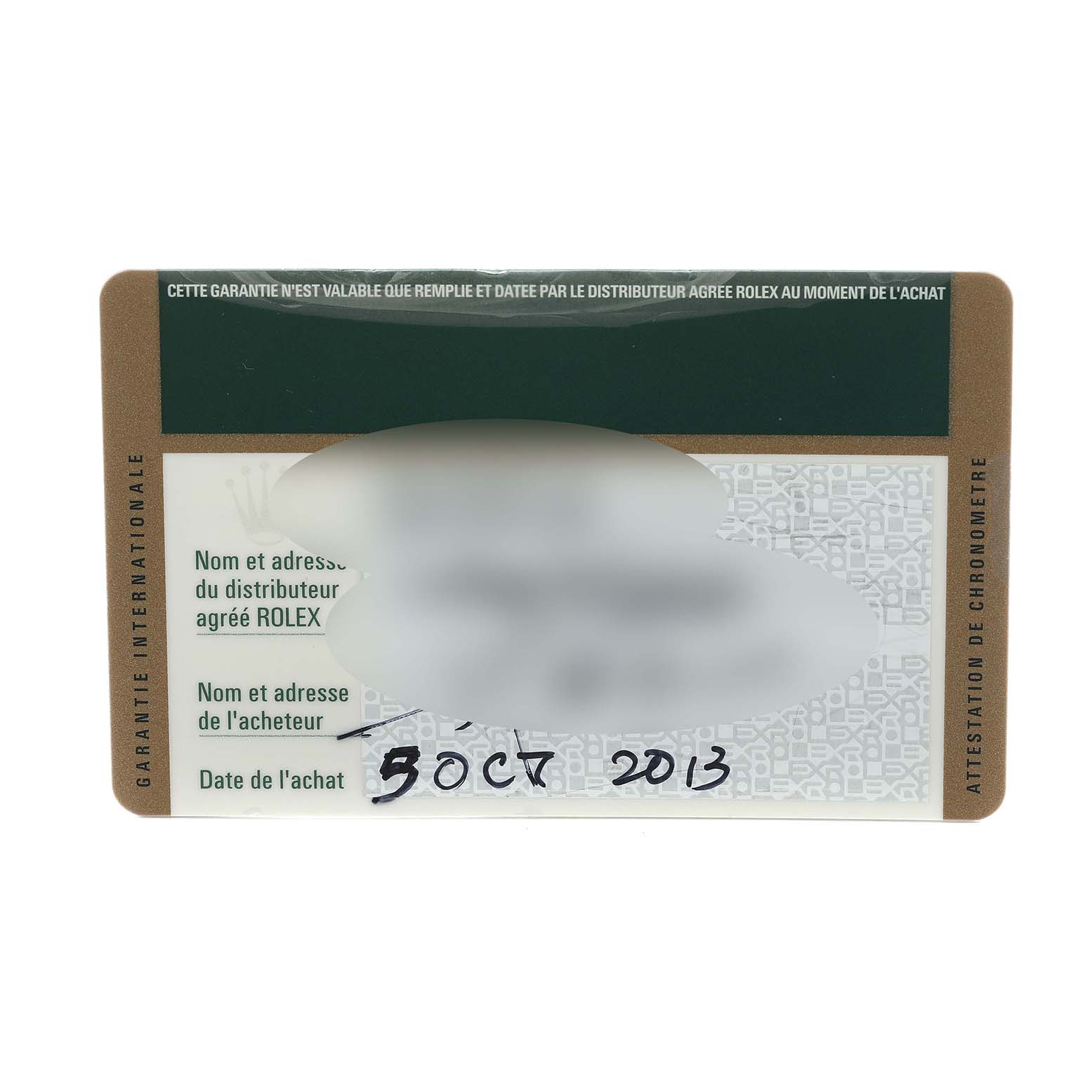 This image shows a Rolex warranty card, displaying purchase and dealer details for the Mid-Size model.