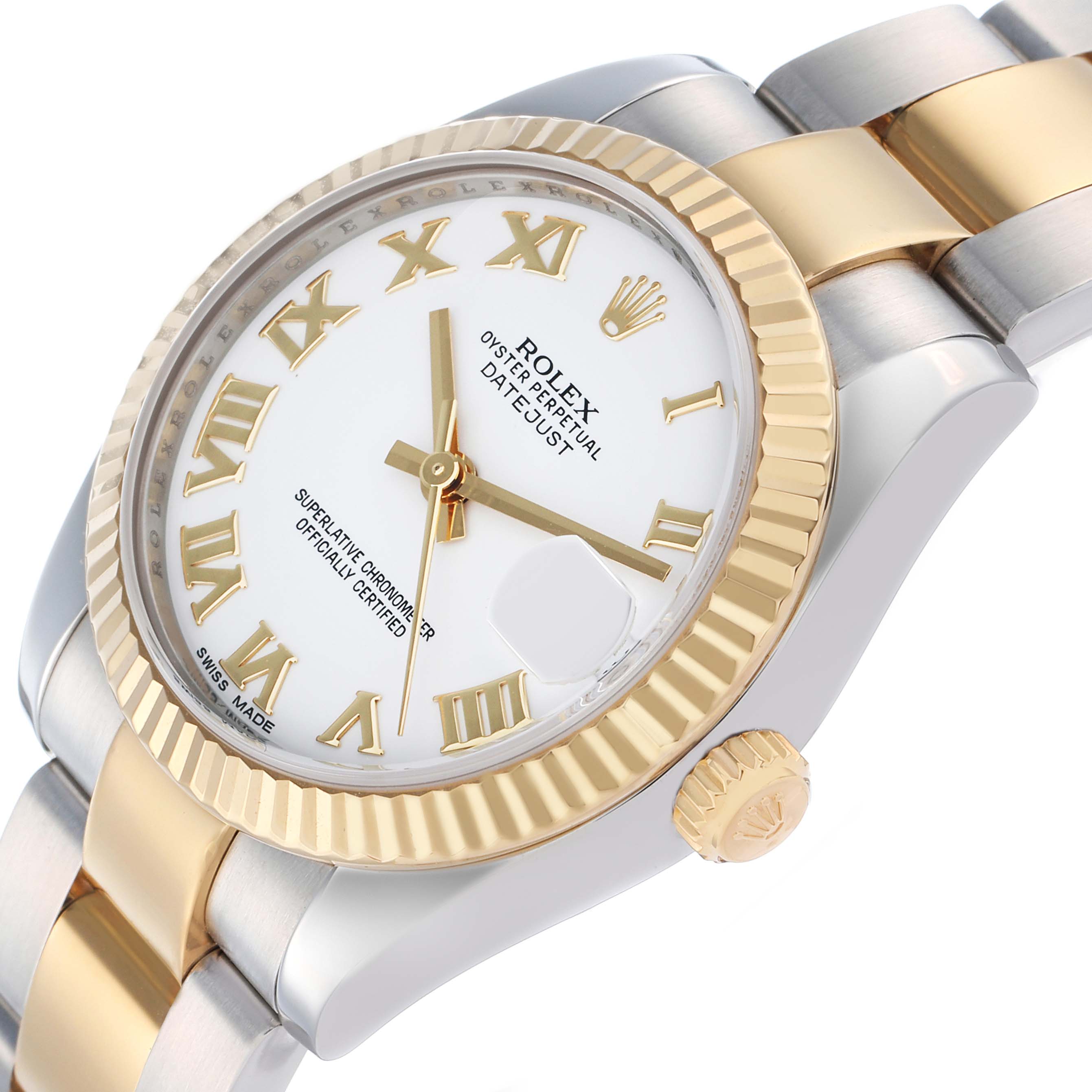 The Rolex Mid-Size 178273 Women's Steel and Gold (two tone) White Dial watch is shown at a slight angle, highlighting the dial, case, bezel, and part of the bracelet.