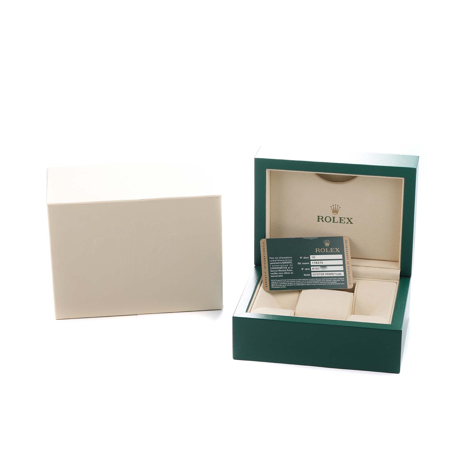The image shows a Rolex Mid-Size 178273 Women's Steel and Gold (two tone) White Dial model box set, displaying an open green box with padded compartments and a guarantee card.