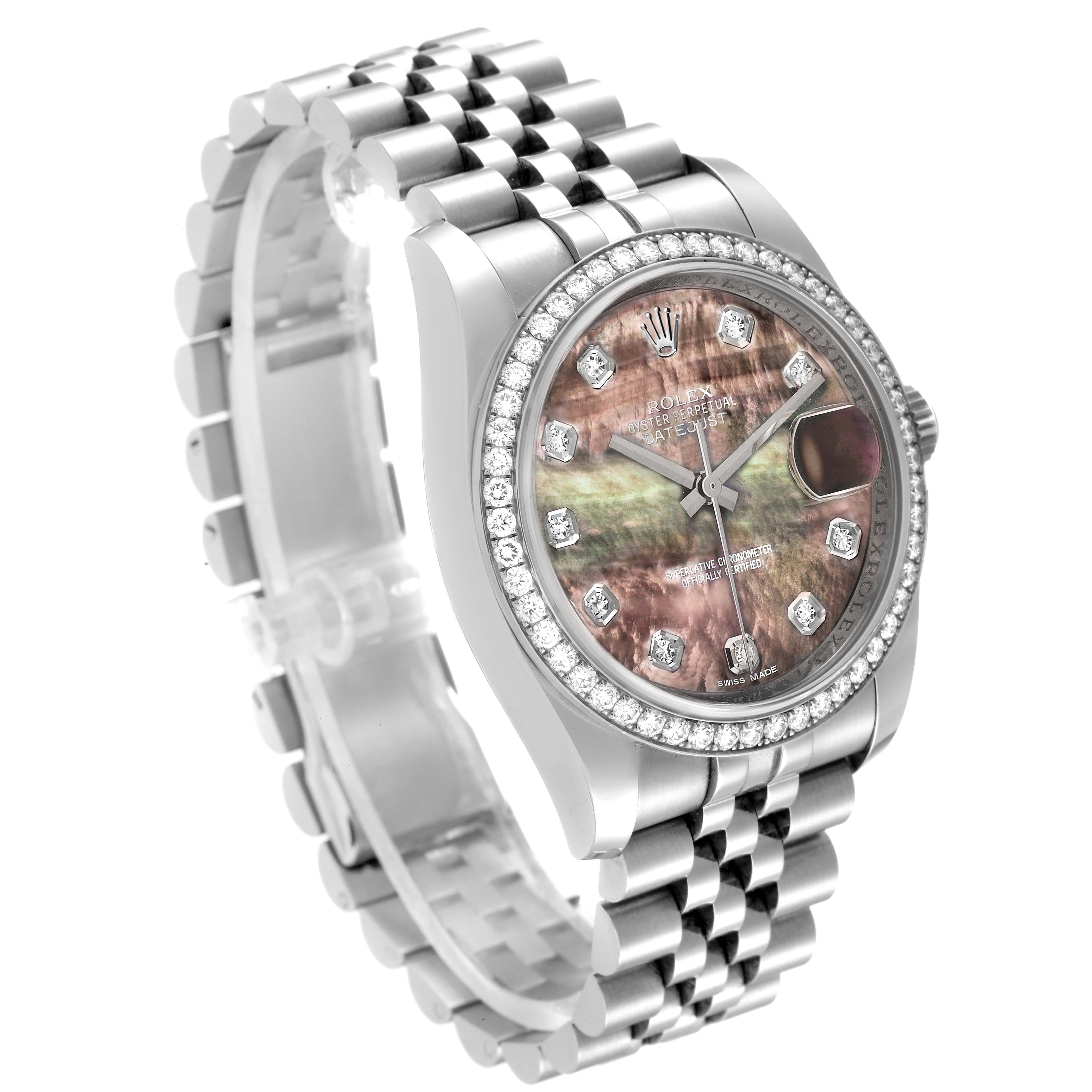 This image shows a Rolex Datejust 116244 Men's Stainless Steel Mother of Pearl Dial 116244 Men's Stainless Steel Mother of Pearl Dial watch angled to display its face, bezel, and part of the bracelet.