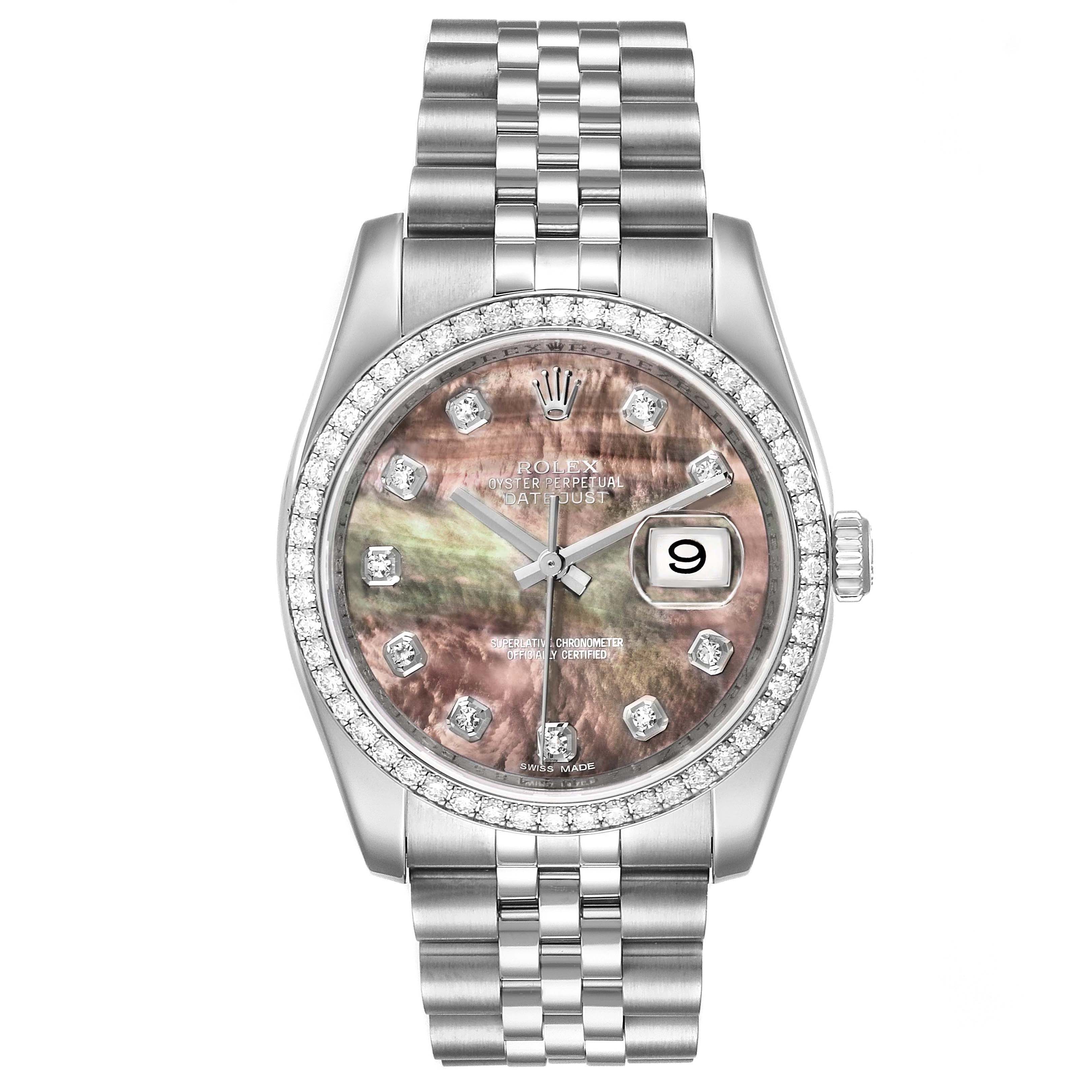 The Rolex Datejust 116244 Men's Stainless Steel Mother of Pearl Dial 116244 Men's Stainless Steel Mother of Pearl Dial watch is shown from the front, featuring its face, bezel, crown, and bracelet.