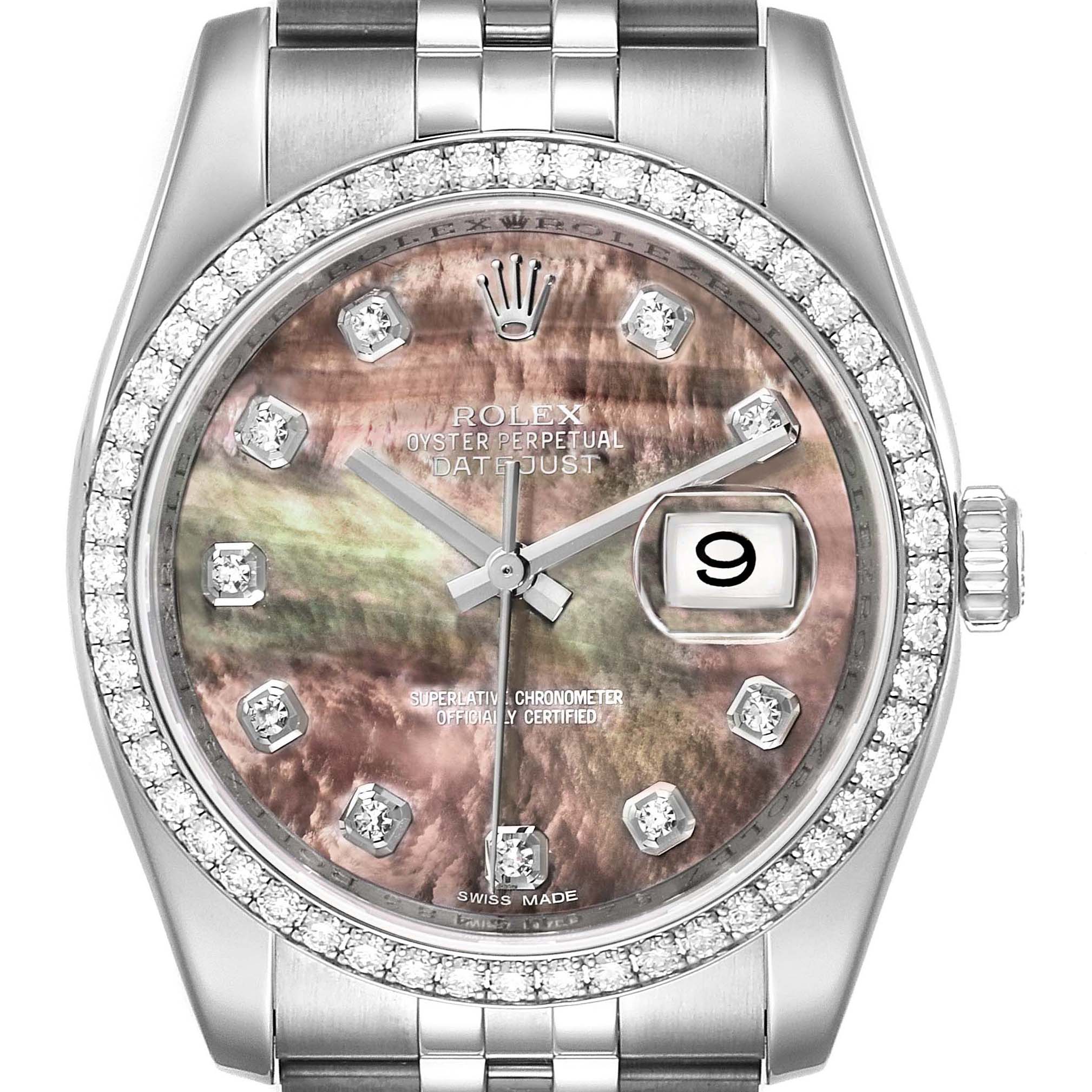 This Rolex Datejust 116244 Men's Stainless Steel Mother of Pearl Dial 116244 Men's Stainless Steel Mother of Pearl Dial watch is shown from a front angle, featuring its diamond-studded bezel and mother-of-pearl dial.