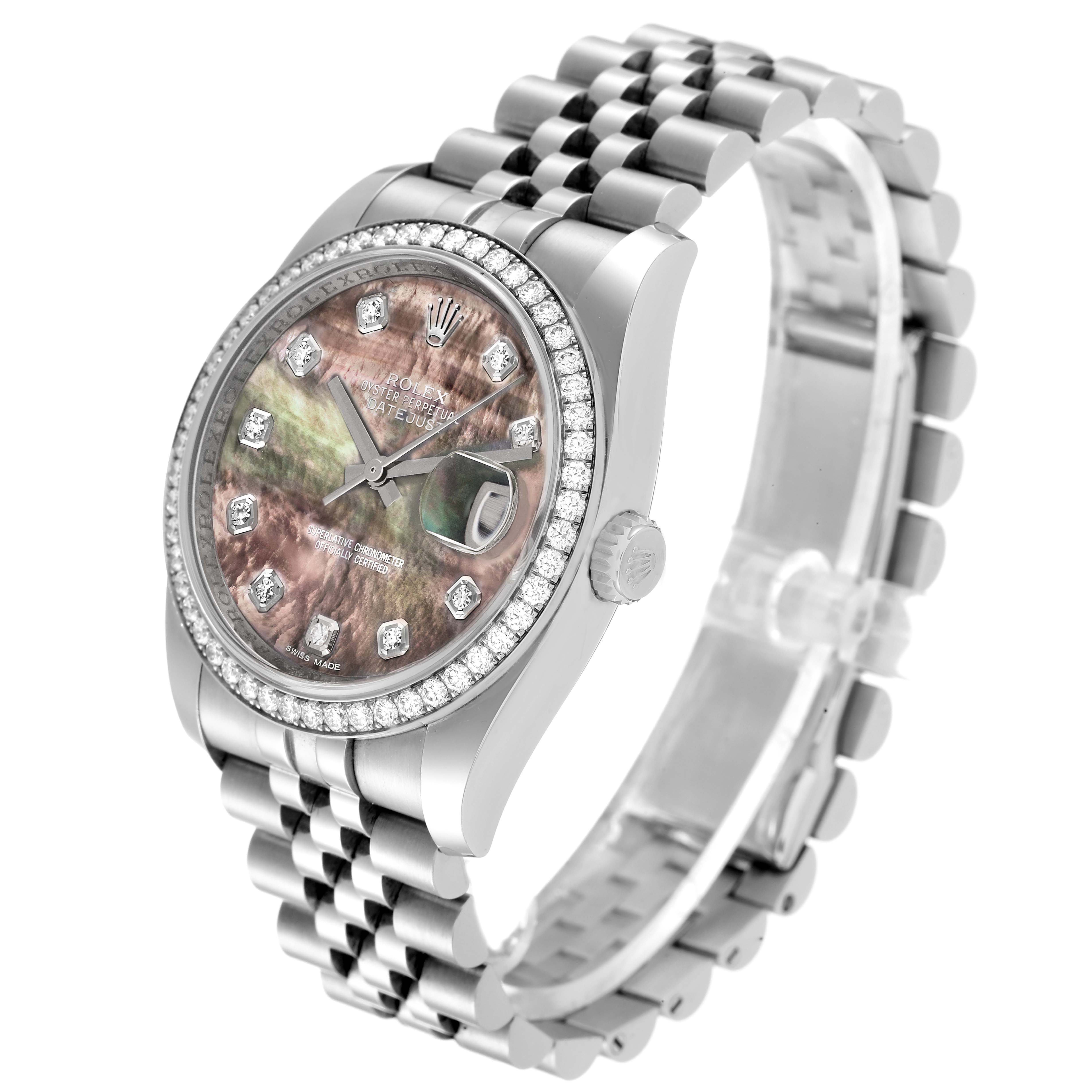 This image shows a Rolex Datejust 116244 Men's Stainless Steel Mother of Pearl Dial 116244 Men's Stainless Steel Mother of Pearl Dial watch from a three-quarter angle, highlighting its dial, bezel, and bracelet.